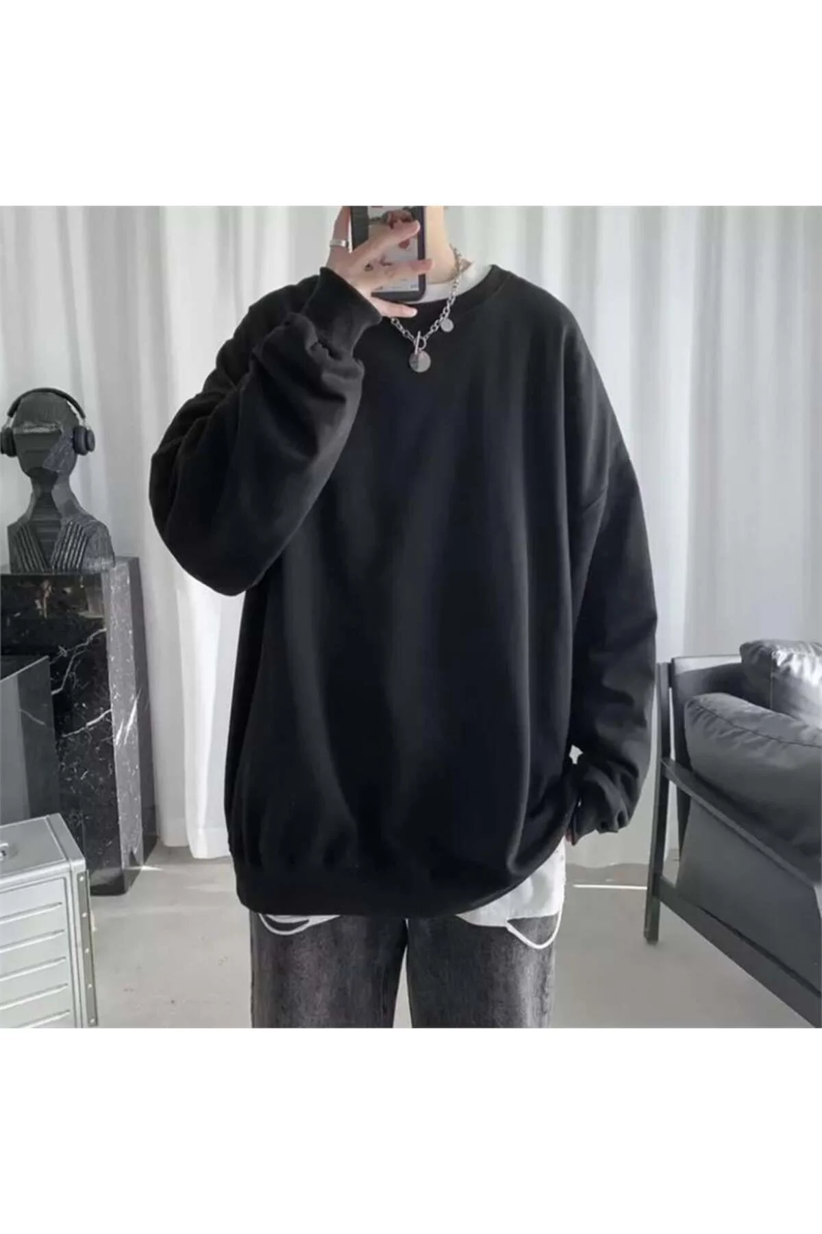 Oversize Düz Siyah Orta Kalın Kumaş Unisex Uzun Kollu