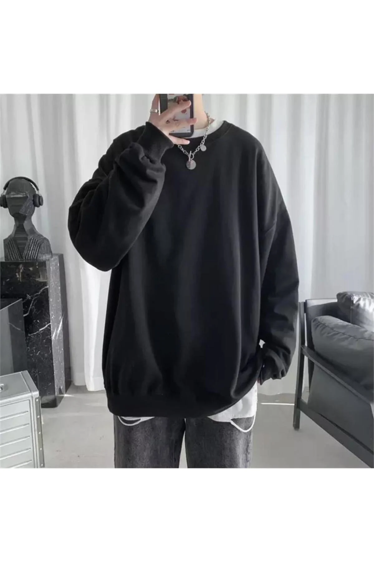 Oversize Düz Siyah Orta Kalın Kumaş Unisex Uzun Kollu
