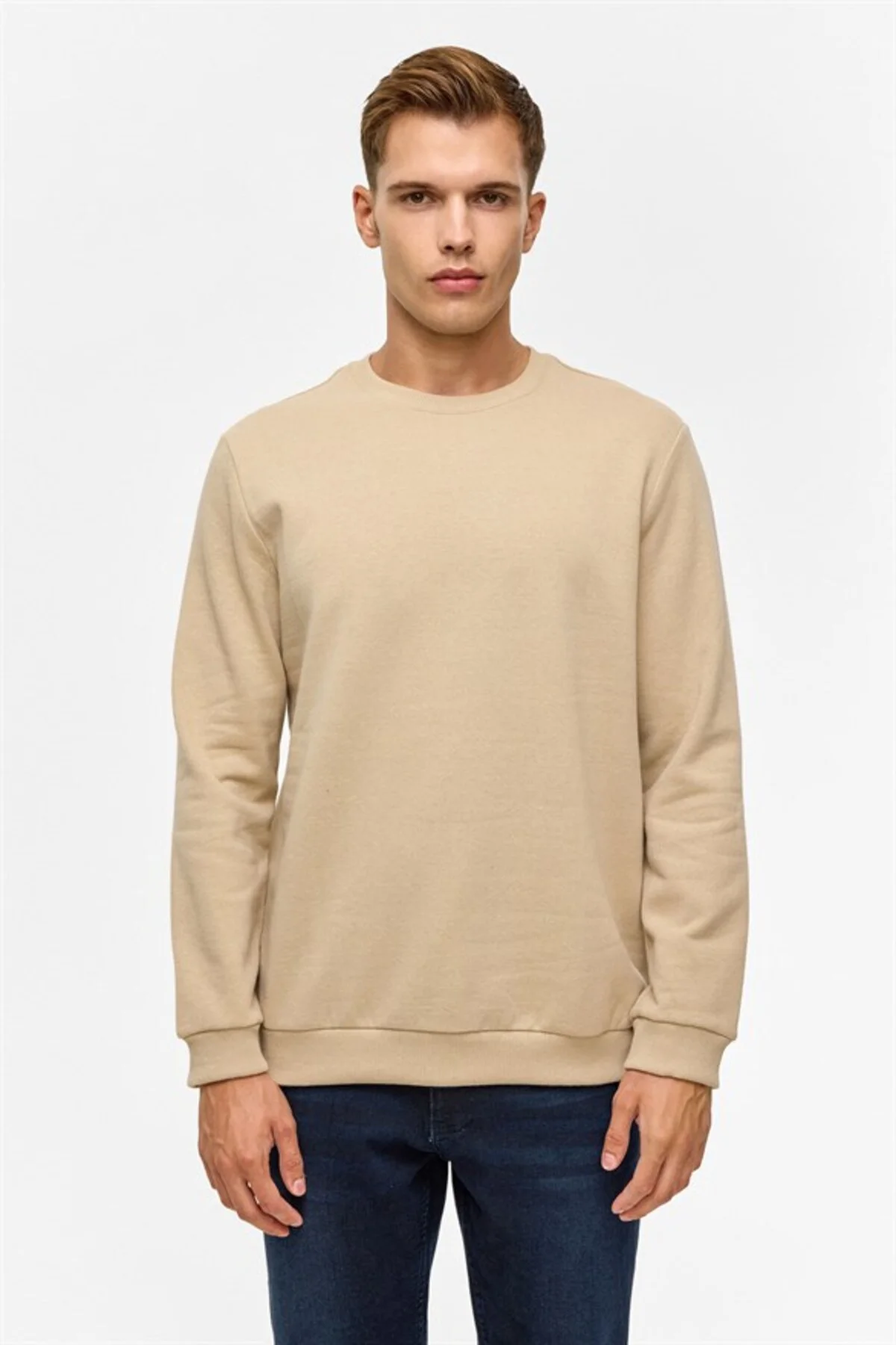 Oversize Kalıp Bej O Yaka 3 İplik Yumuşak Dokulu Sweat
