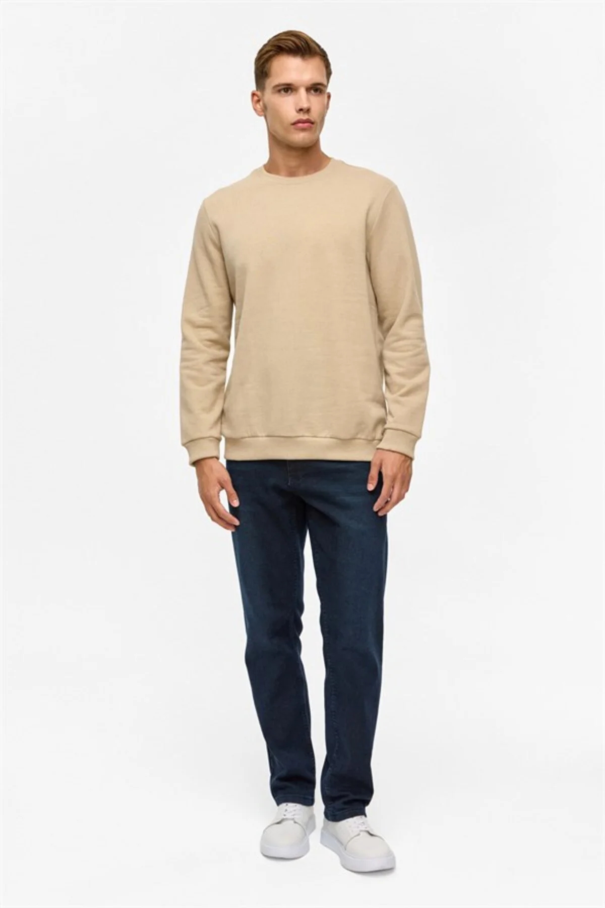 Oversize Kalıp Bej O Yaka 3 İplik Yumuşak Dokulu Sweat