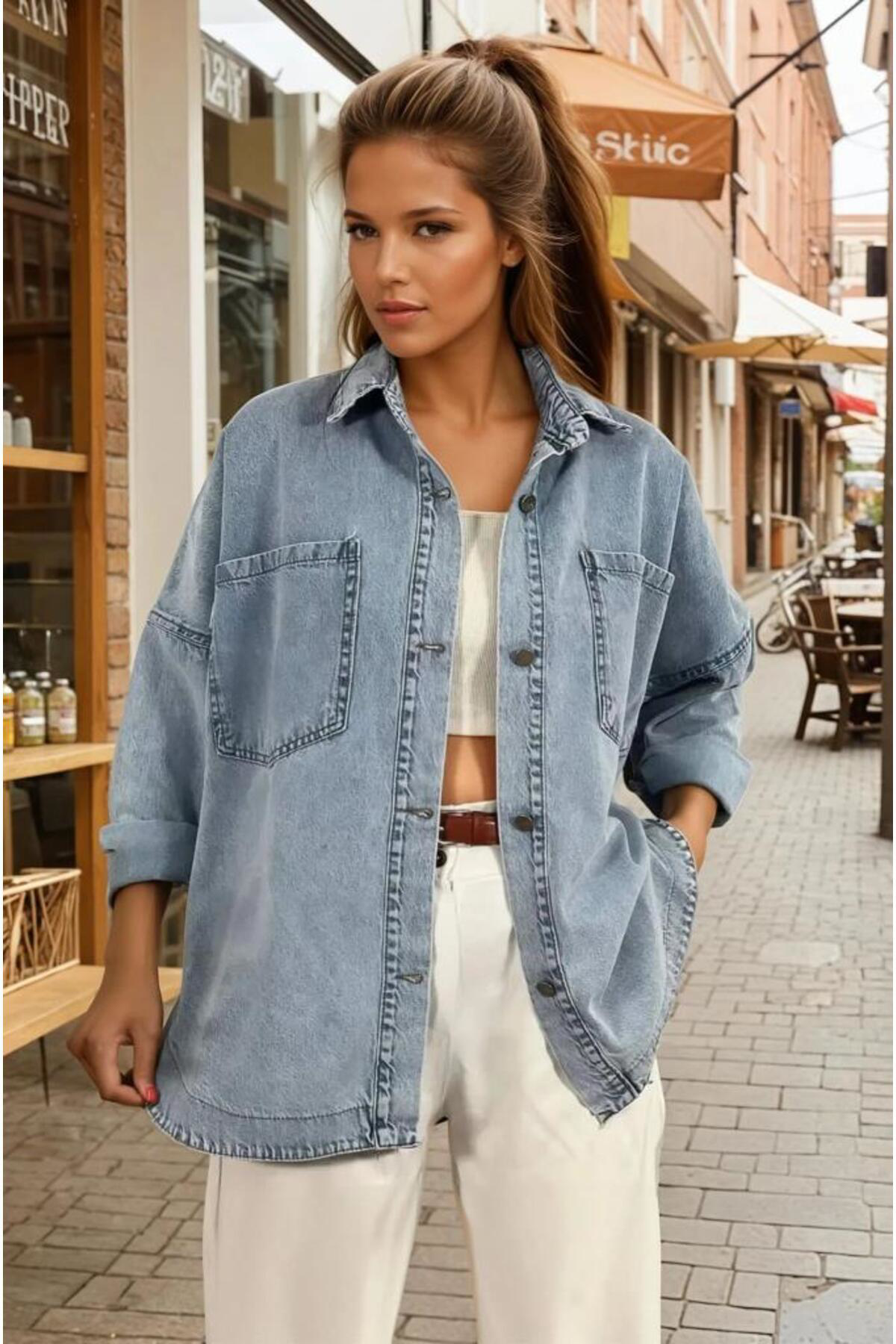 Oversize Kar Yıkama Cepli Düğmeli Denim Kot Ceket Gömlek Kt089400