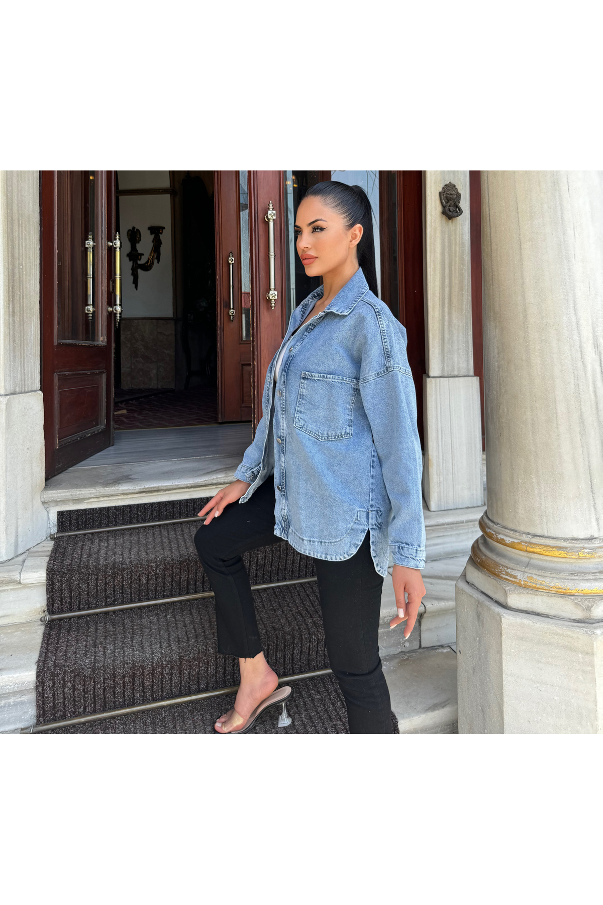 Oversize Kar Yıkama Cepli Düğmeli Denim Kot Ceket Gömlek Kt089400