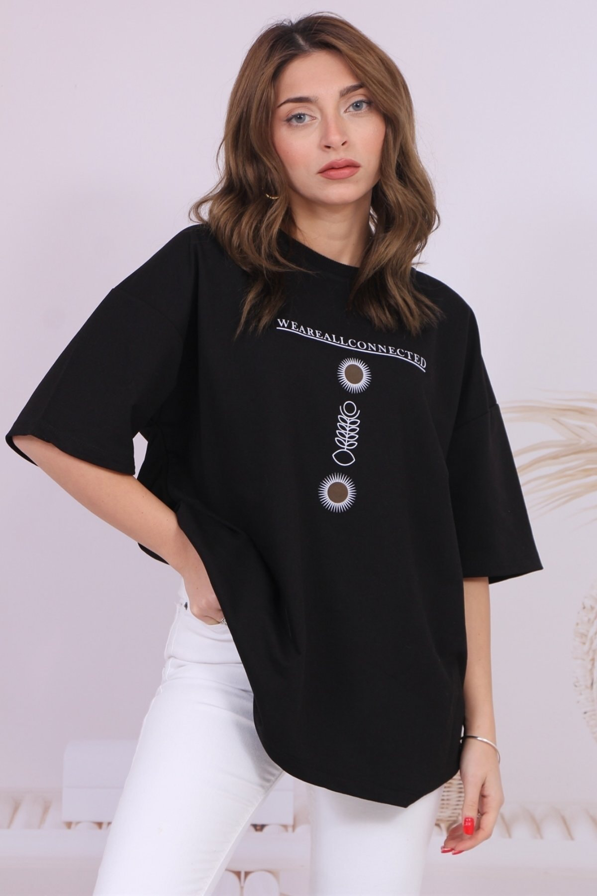 Modacan Oversize Siyah Ön Yazılı 2 İp Tişört Unisex T-Shirt