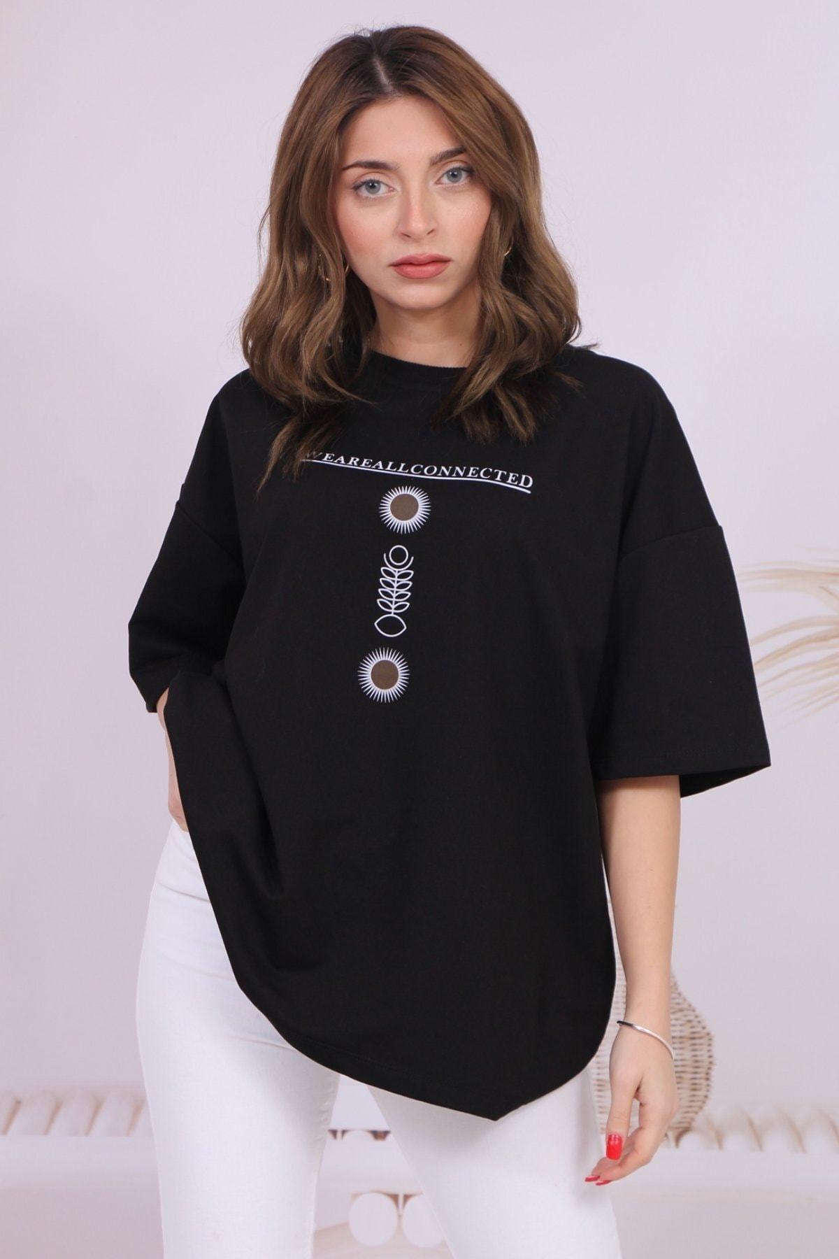 Modacan Oversize Siyah Ön Yazılı 2 İp Tişört Unisex T-Shirt
