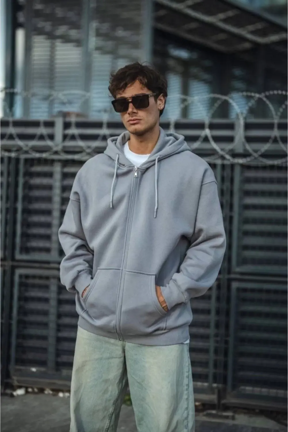 Oversize Tam Fermuarlı Uzun Kol Hırka - Gri