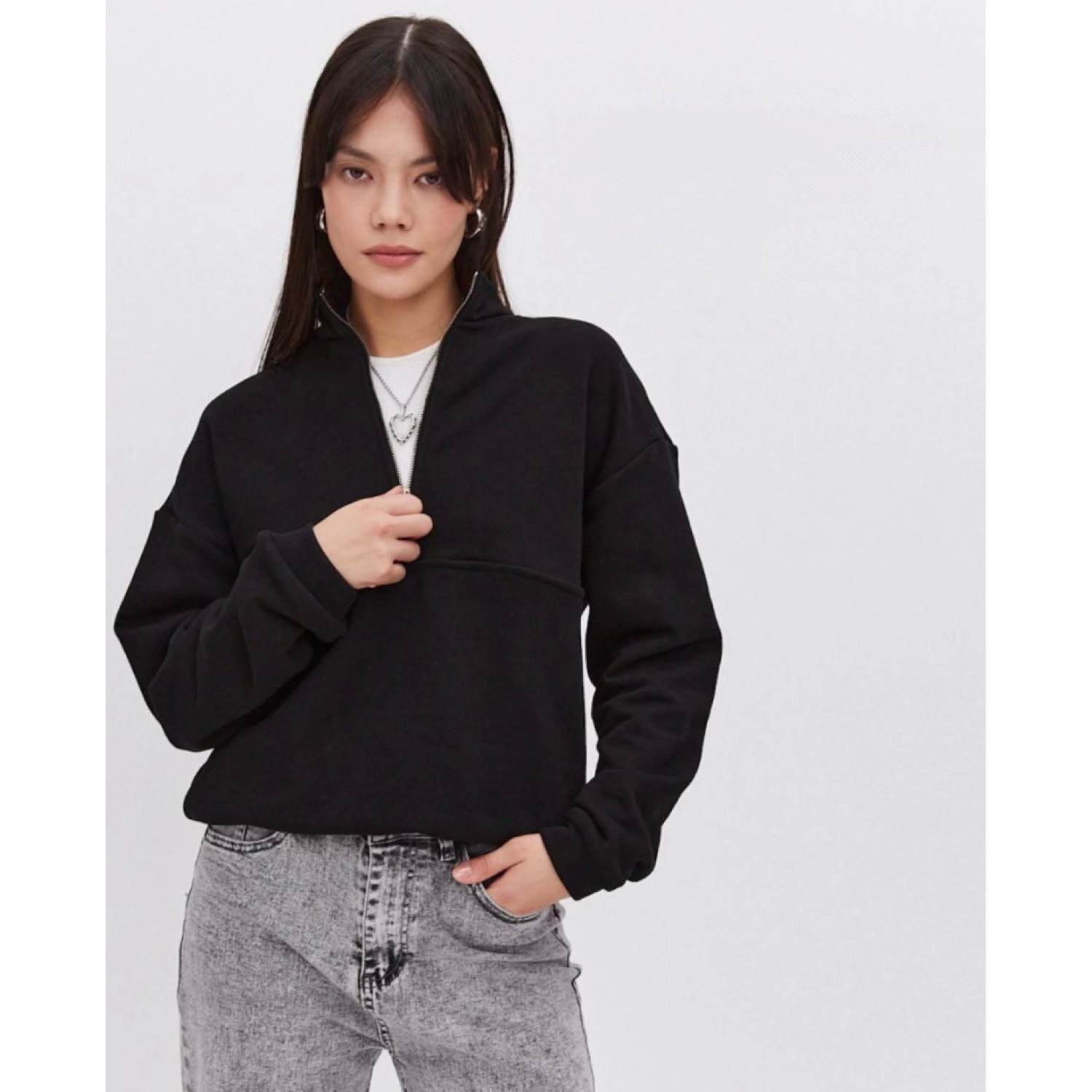 Oversize Yarım Farmuarlı Yakalı Basic SweatShirt - Siyah Oversize Yarım Farmuarlı Yakalı Basic SweatShirt - Siyah