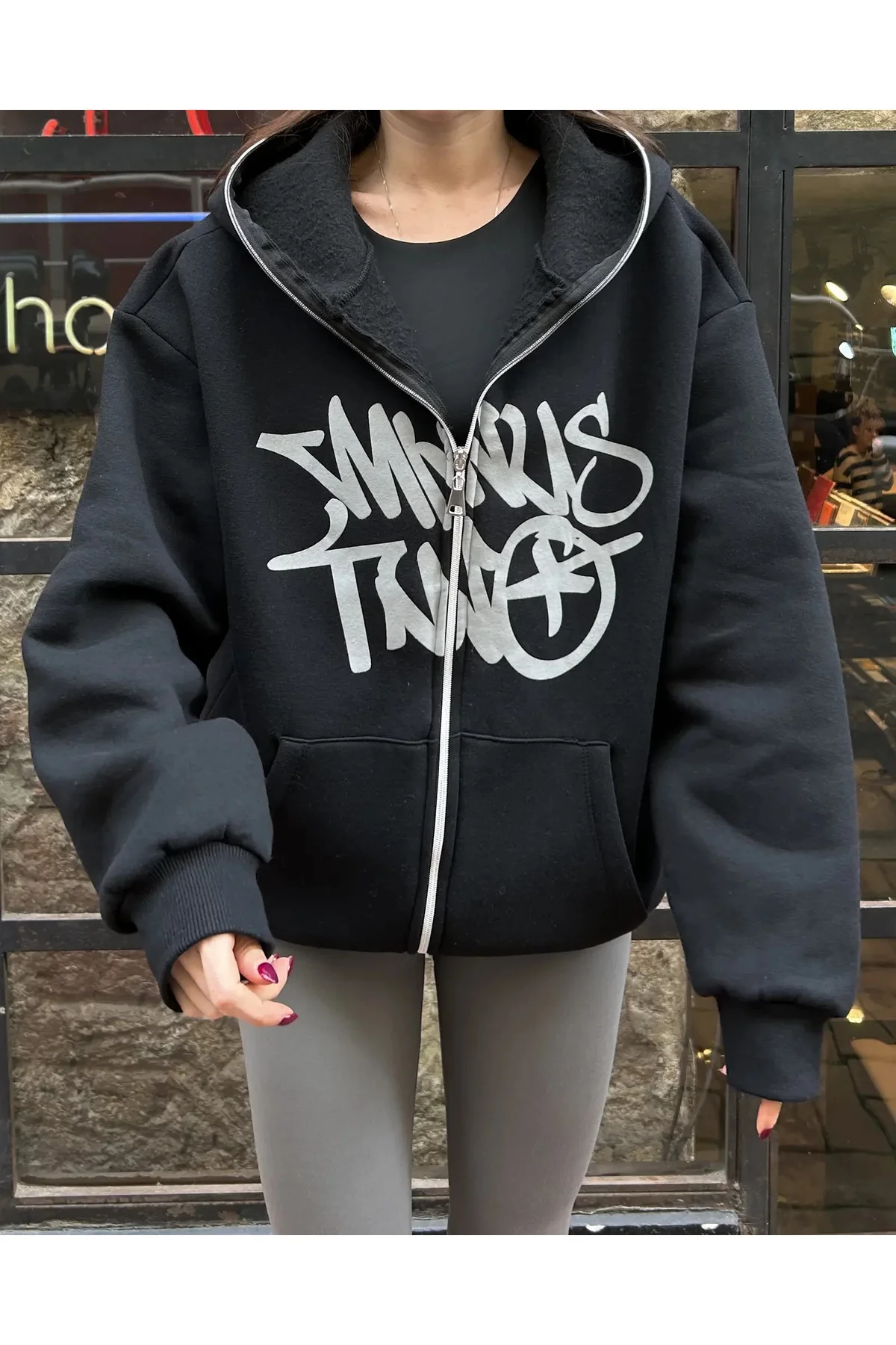 Oversize Zip-Up Graffiti Hoodie - Full Face Zip Oversize Zip-Up Graffiti Hoodie - Full Face Zip