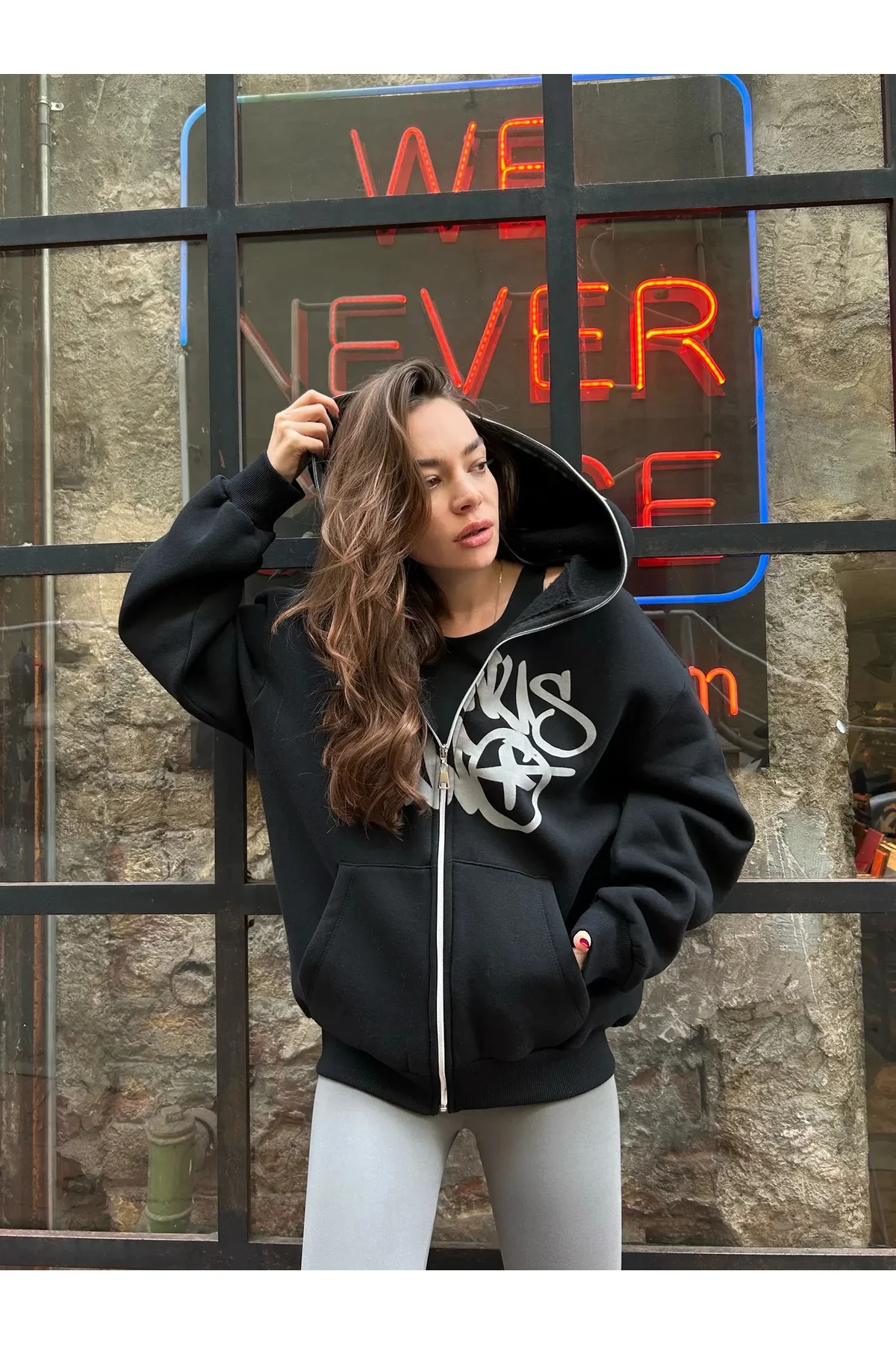 Oversize Zip-Up Graffiti Hoodie - Full Face Zip Oversize Zip-Up Graffiti Hoodie - Full Face Zip