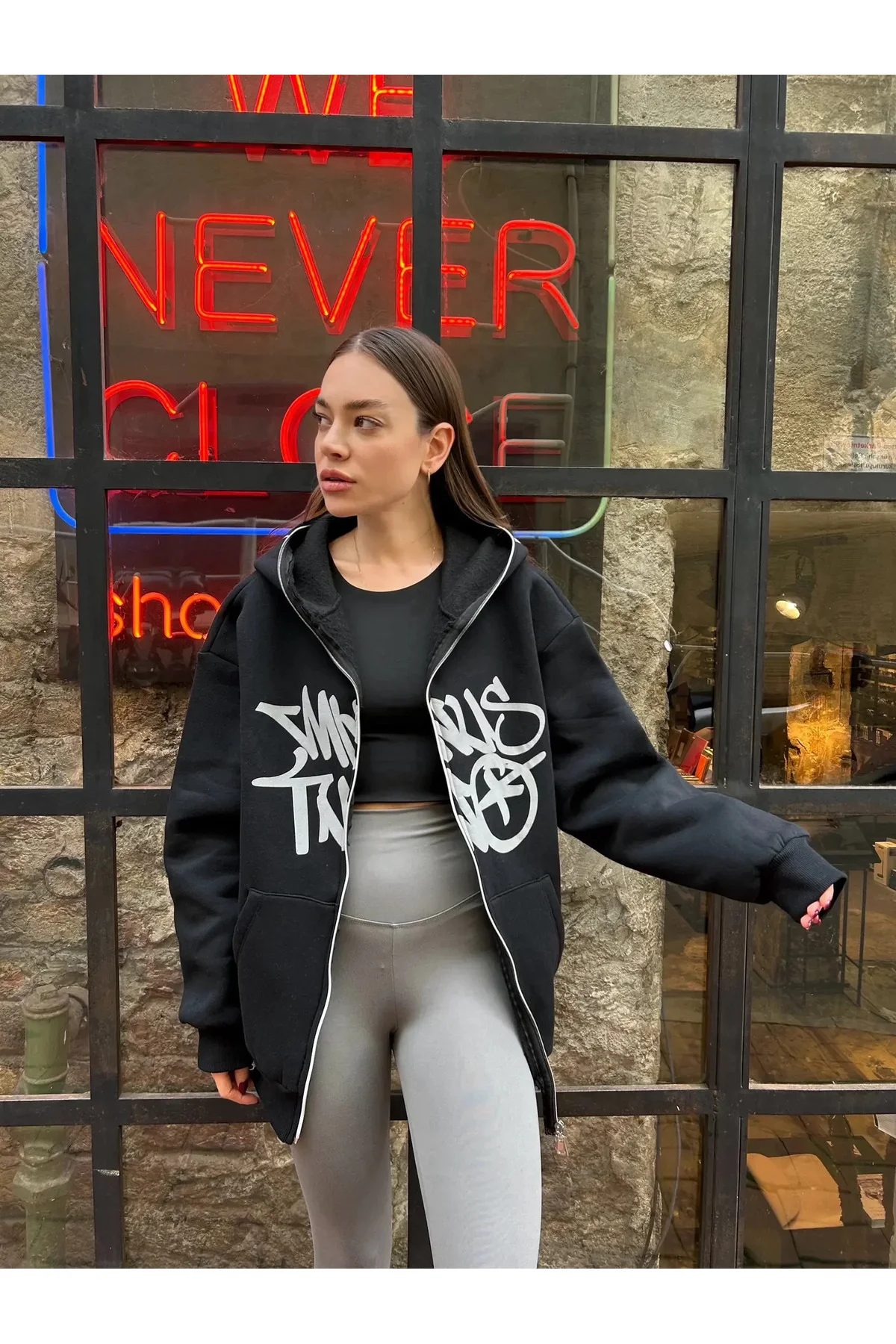 Oversize Zip-Up Graffiti Hoodie - Full Face Zip Oversize Zip-Up Graffiti Hoodie - Full Face Zip