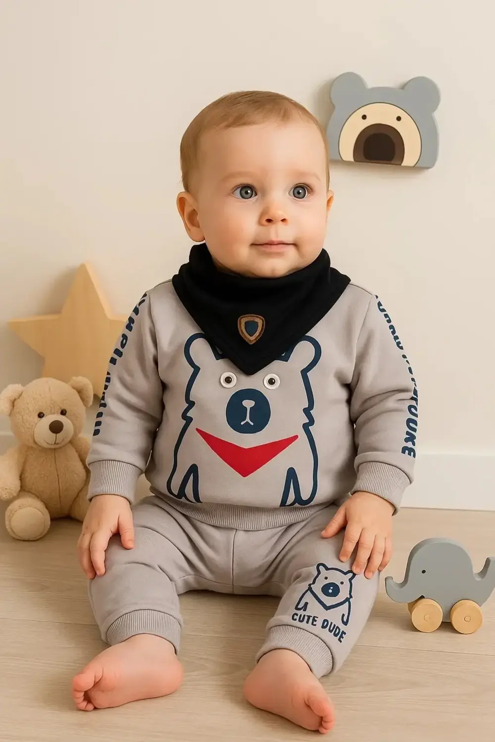 Oynar Gözlü Fularlı 3'lü Erkek Bebek Takımı