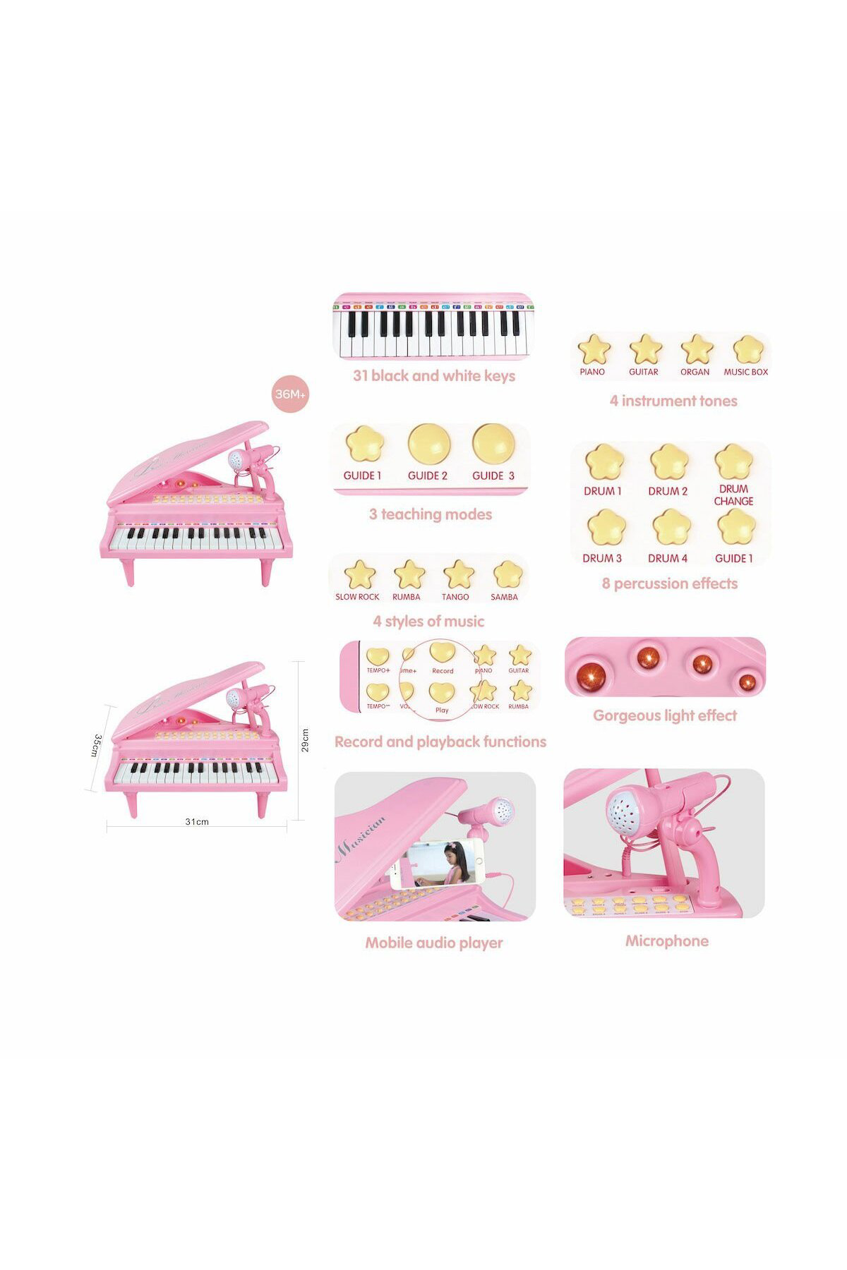 Vardem Oyuncak Piyano Mikrofonlu Mp3 Çalarlı 31 Tuşlu Beyaz Oyuncak Piya