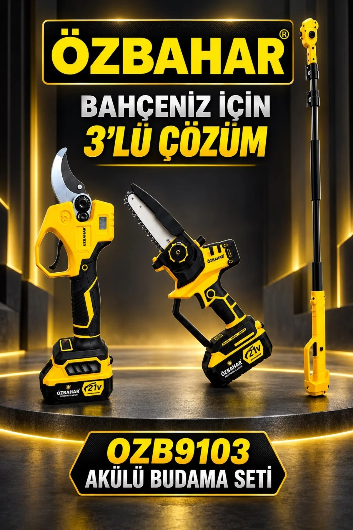 OZB9103 21V Profesyonel Kömürsüz Akülü Budama Seti – Dal Budama Makası, Zincirli Testere ve - Görsel 4