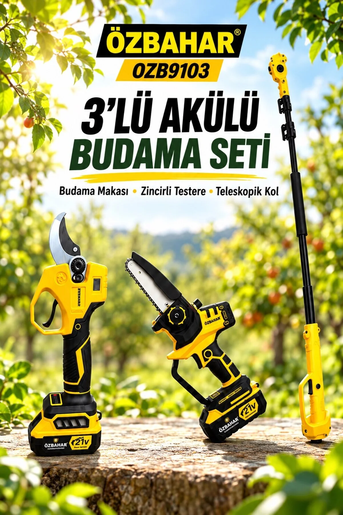 OZB9103 21V Profesyonel Kömürsüz Akülü Budama Seti – Dal Budama Makası, Zincirli Testere ve - Görsel 2