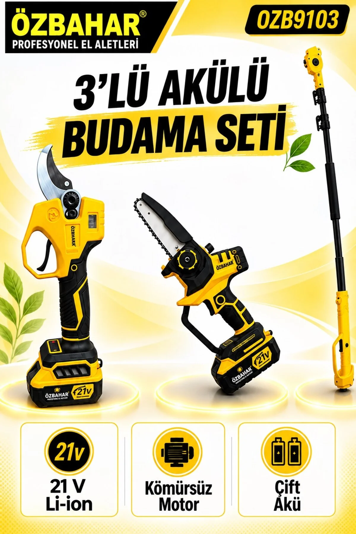 OZB9103 21V Profesyonel Kömürsüz Akülü Budama Seti – Dal Budama Makası, Zincirli Testere ve - Görsel 3