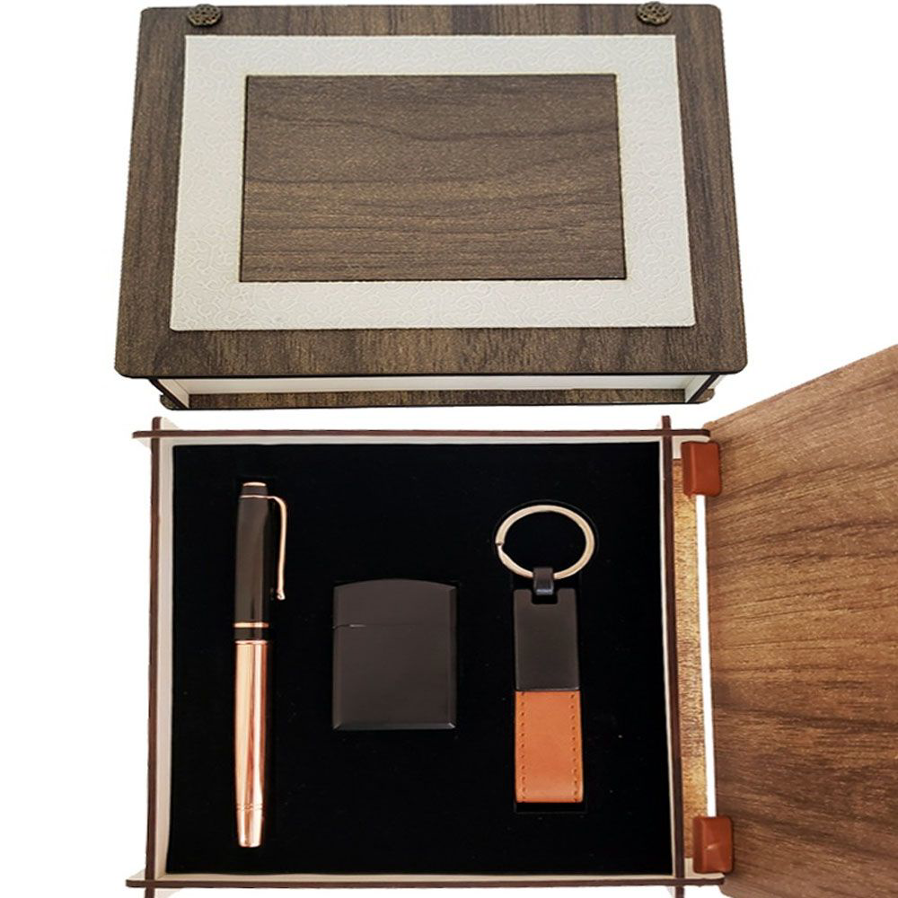 Evimdeyokyok Özel Ahşap Kutulu Bakır Roller Kalem Anahtarlık Ve Çakmak Set Tdr