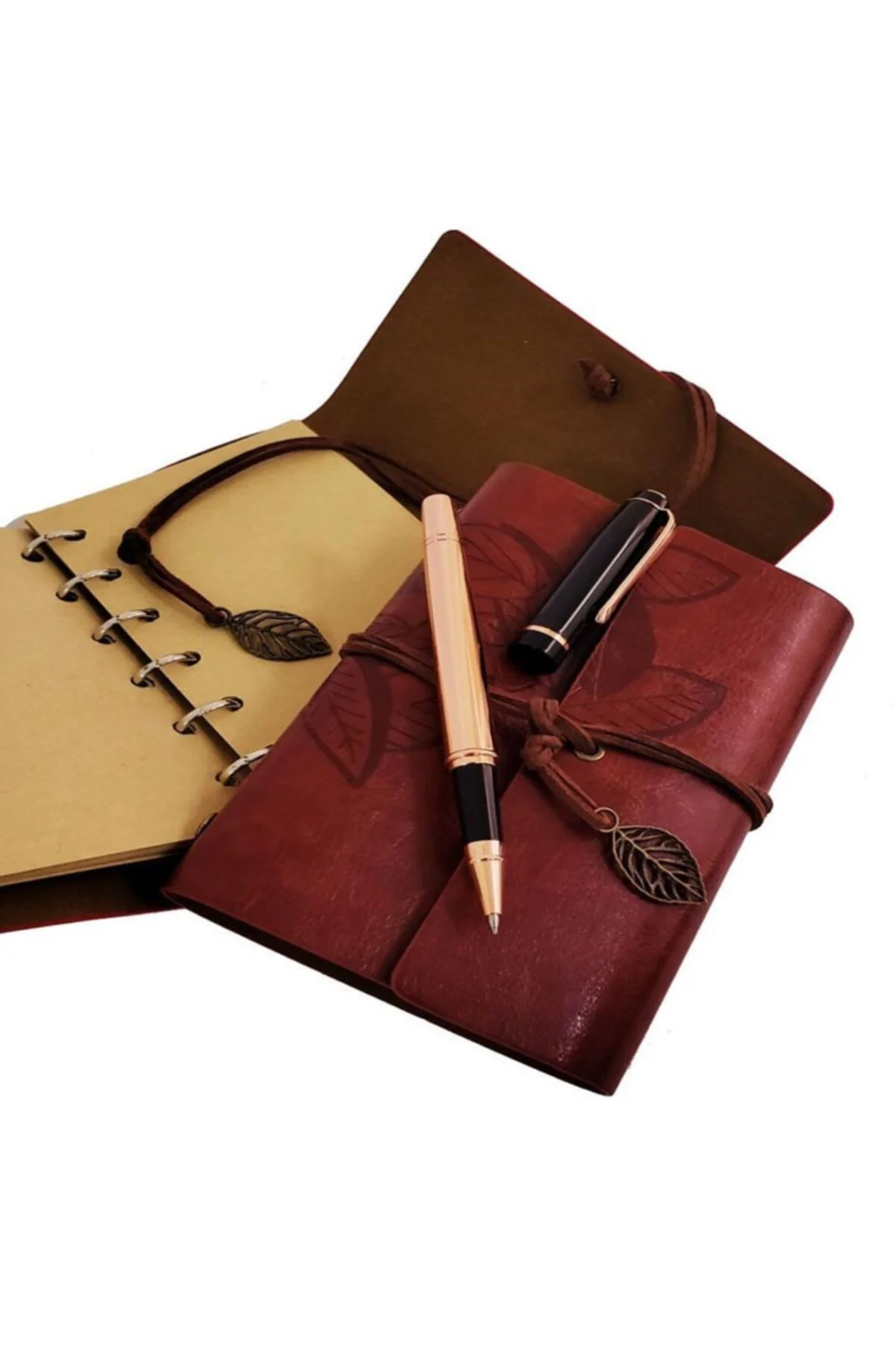 Özel Ahşap Kutulu Kahve Deri Defter ve Bakır Roller Kalem Set