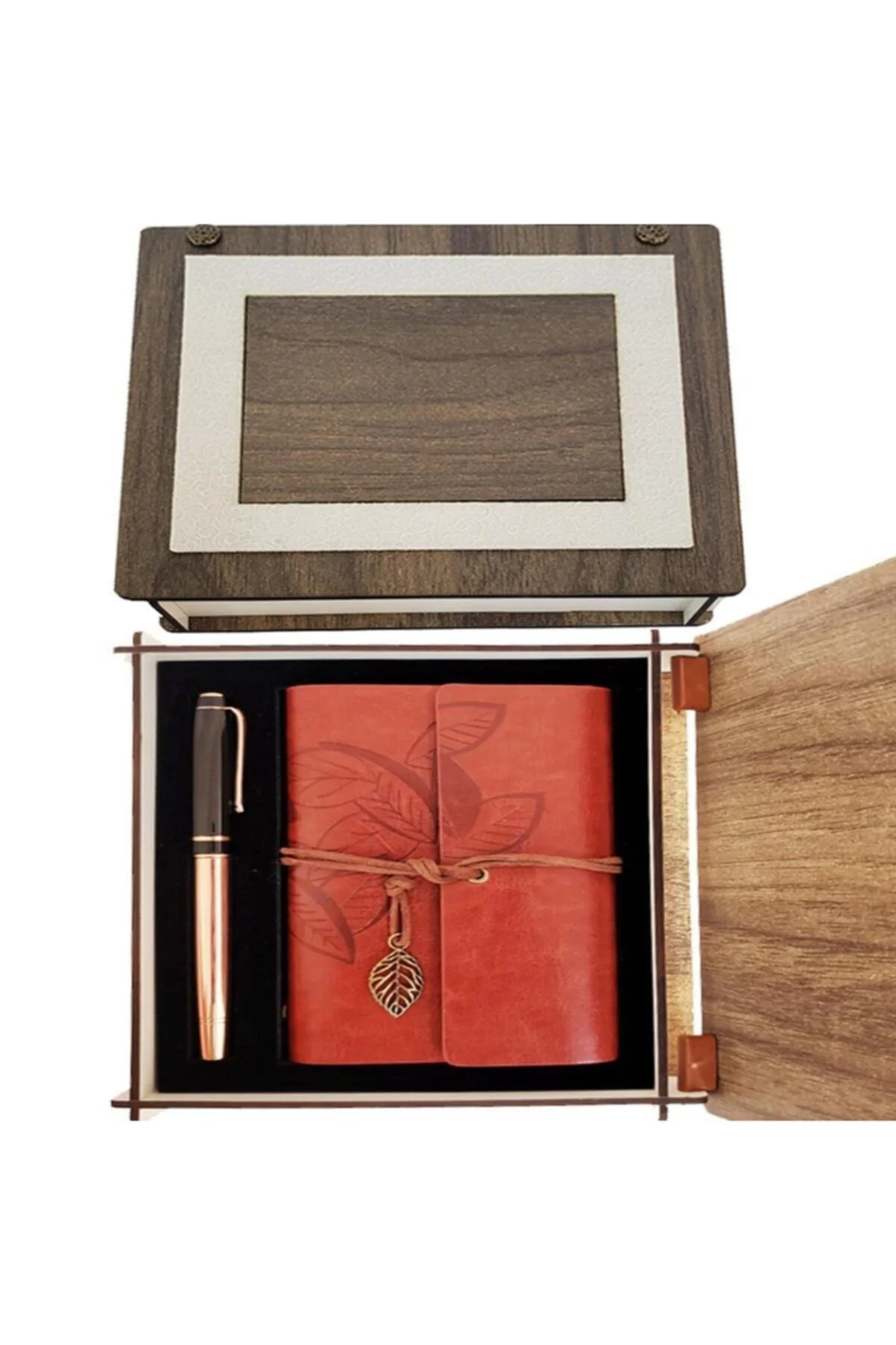 Özel Ahşap Kutulu Kahve Deri Defter ve Bakır Roller Kalem Set