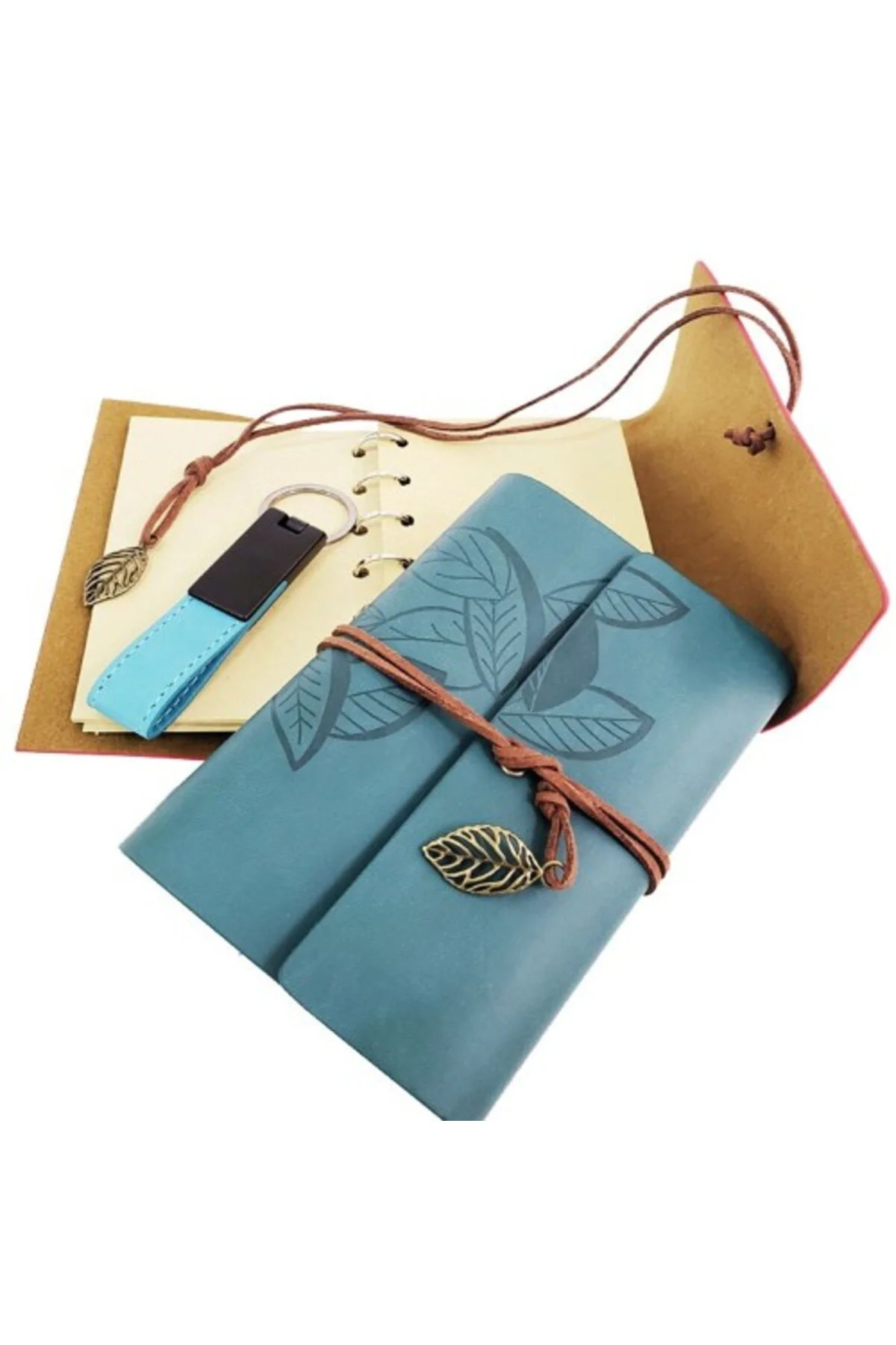Özel Ahşap Kutulu Mavi Deri Defter ve Anahtarlık Set