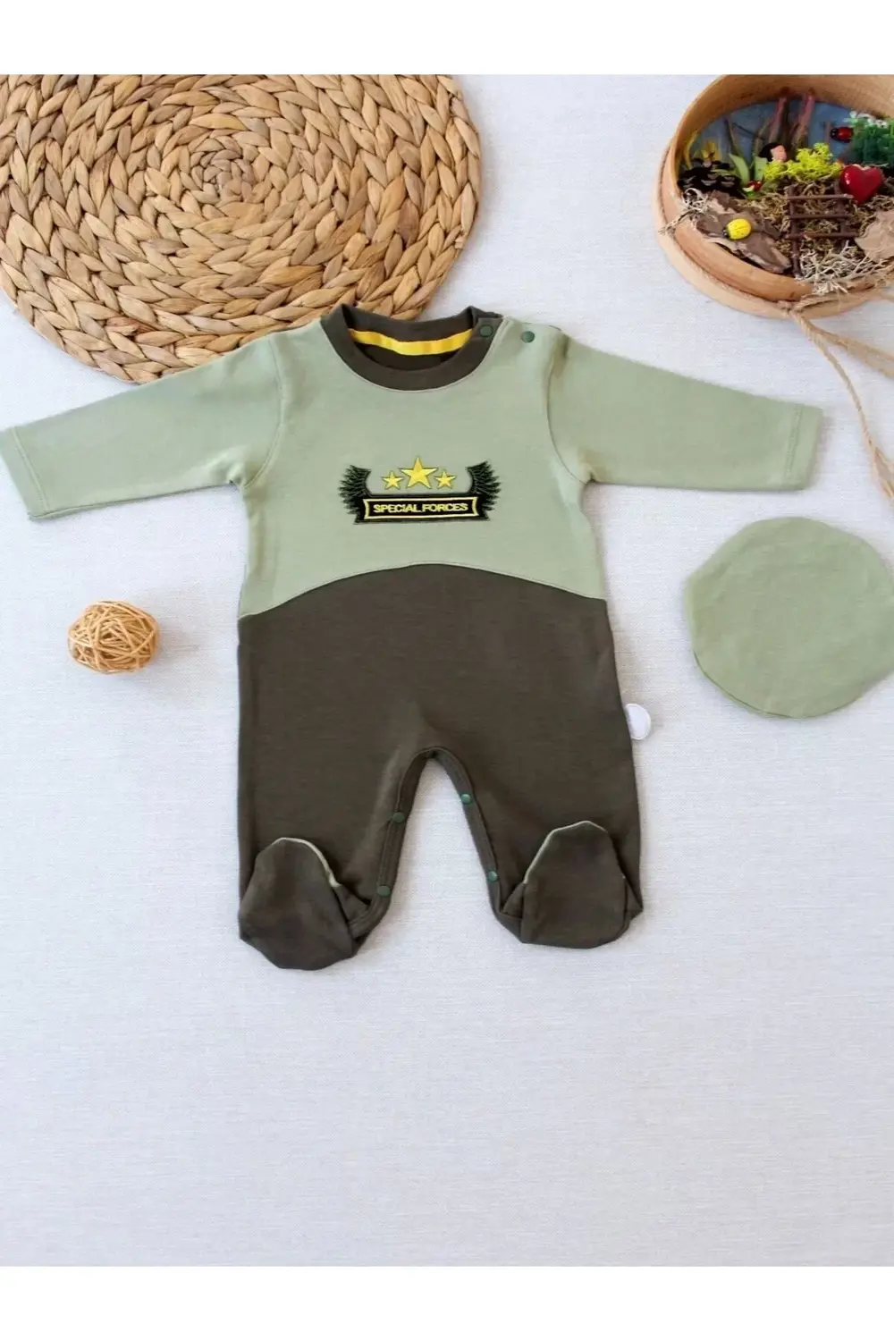 Özel Kuvvetler Nakışlı Bere Şapkalı Kız Erkek Bebek Tulumu Yeşil