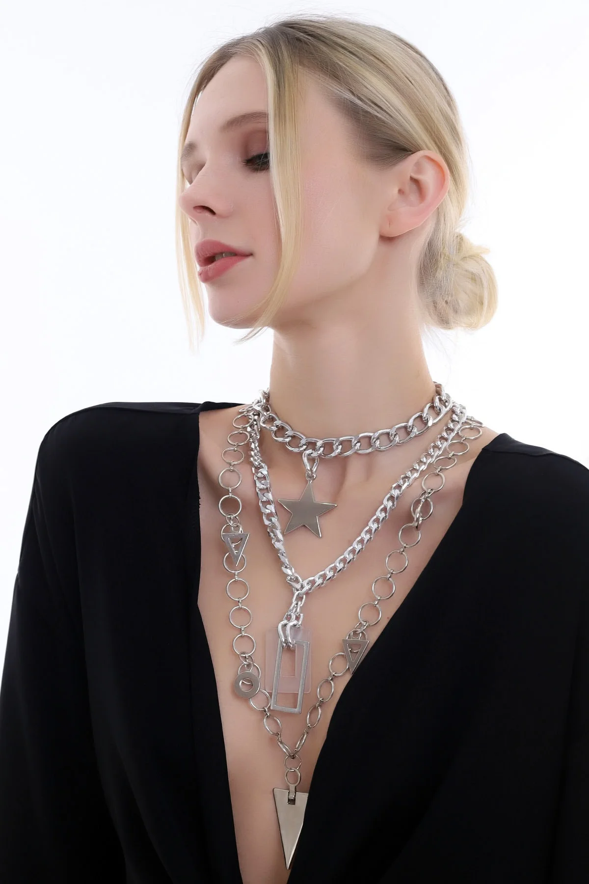 Özel Minimal Tasarım Geometrik Şekilli Şık Kat Kat Zincir Kolye