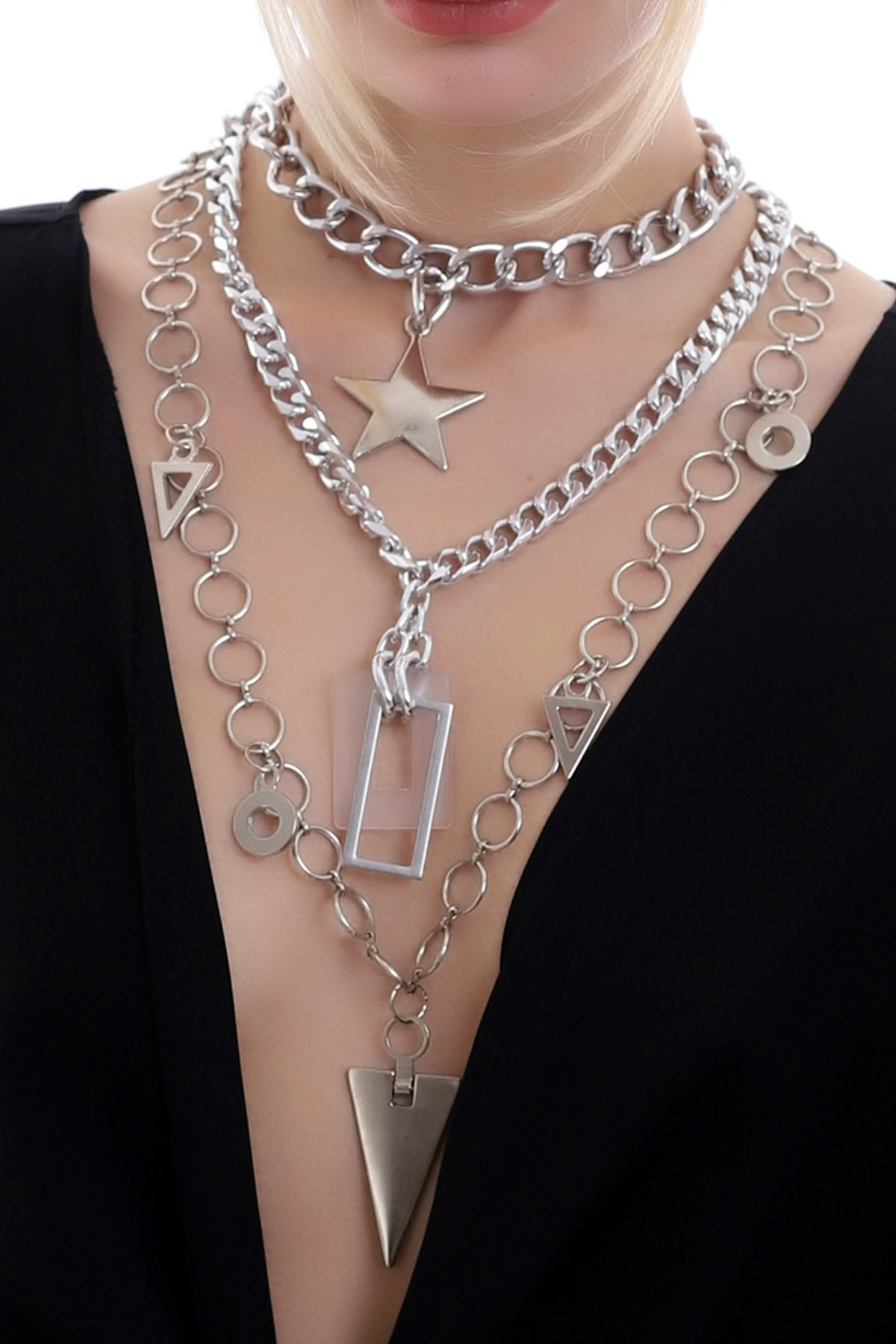 Özel Minimal Tasarım Geometrik Şekilli Şık Kat Kat Zincir Kolye