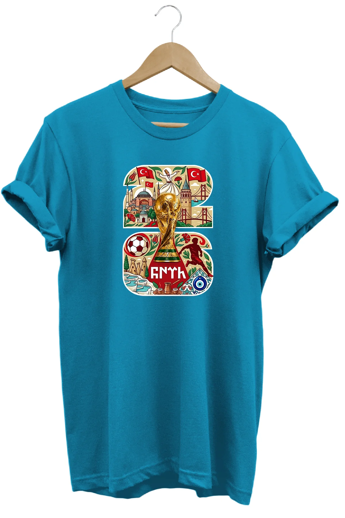 Özel Tasarım 2026 Türkiye ve Futbol Temalı Baskılı Unisex Kısa Ko