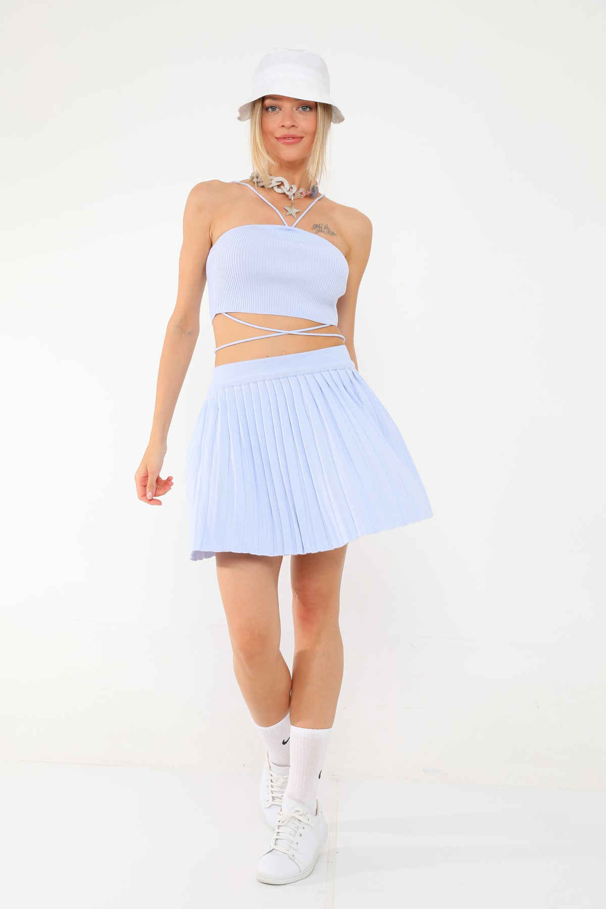 Dreamlike Özel Tasarım Beli Lastikli Pileli Rahat Ve Şık Triko Mini Etek