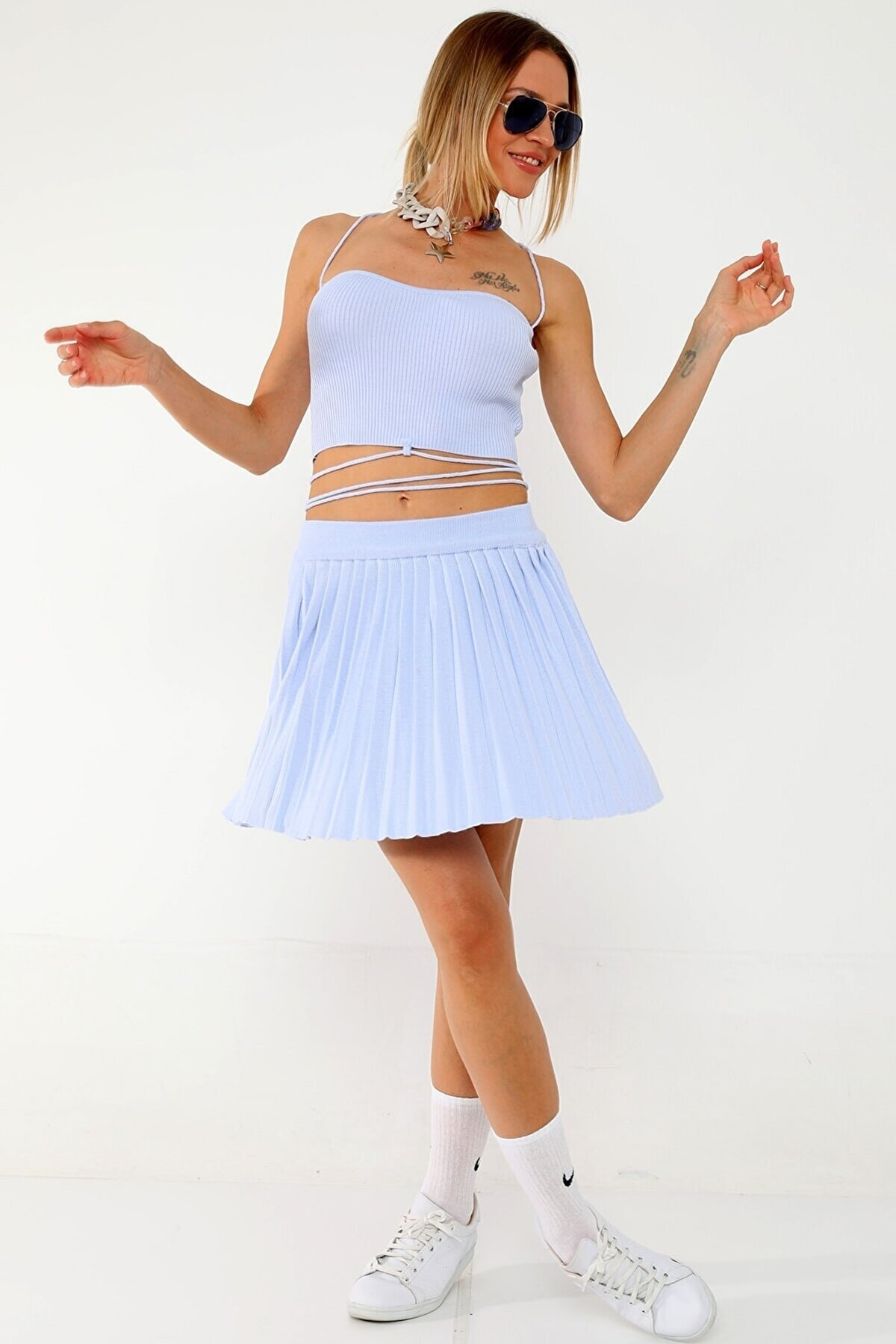 Dreamlike Özel Tasarım Beli Lastikli Pileli Rahat Ve Şık Triko Mini Etek