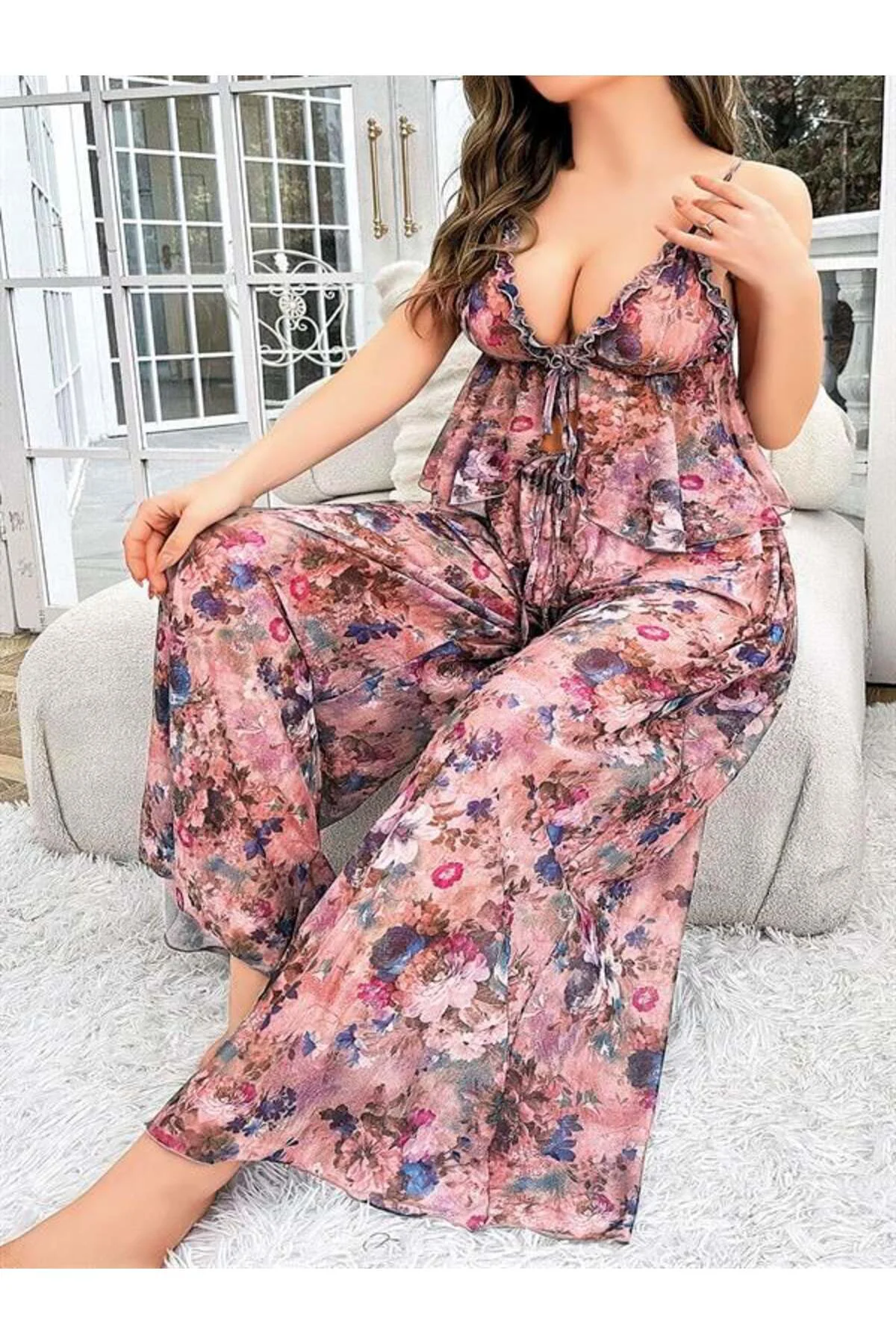 Özel Tasarım Büyük Beden Çiçek Desenli Bol Kesim 2’li Pijama Takımı