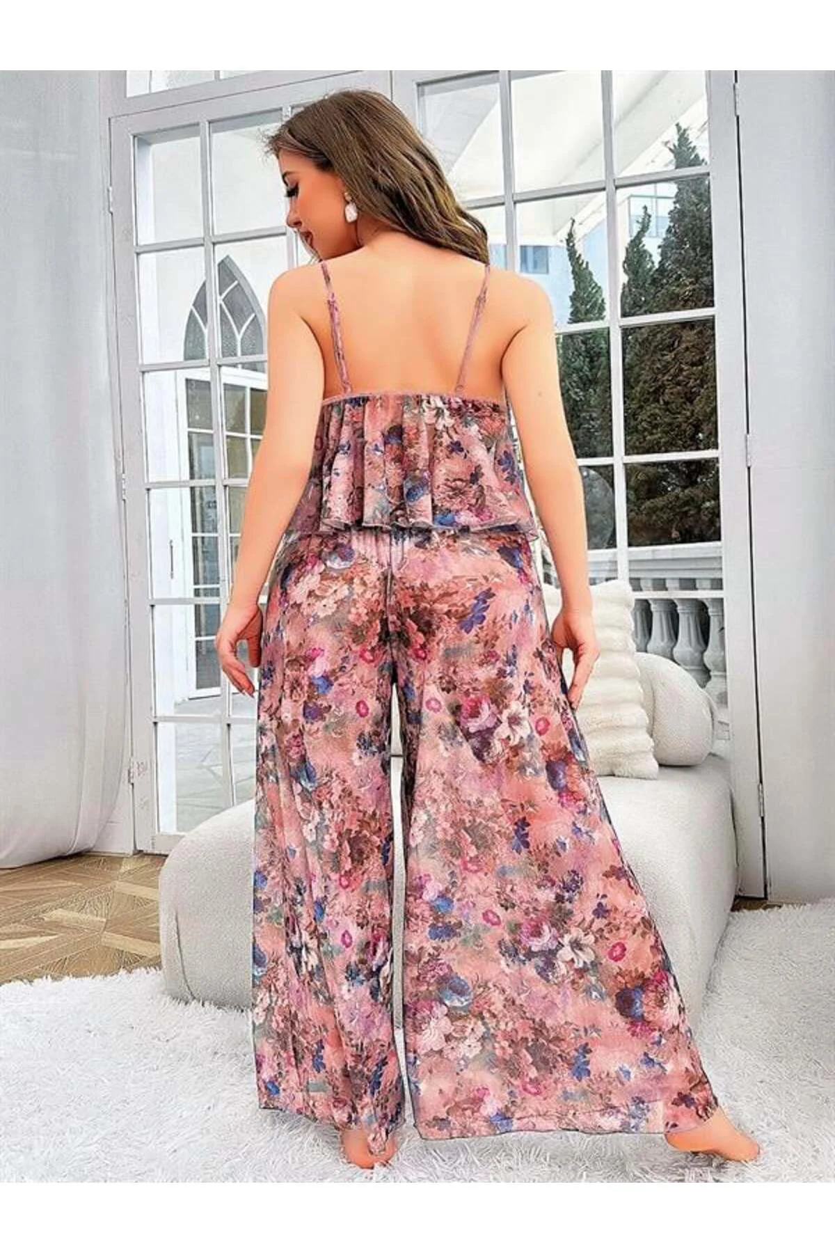 Özel Tasarım Büyük Beden Çiçek Desenli Bol Kesim 2’li Pijama Takımı