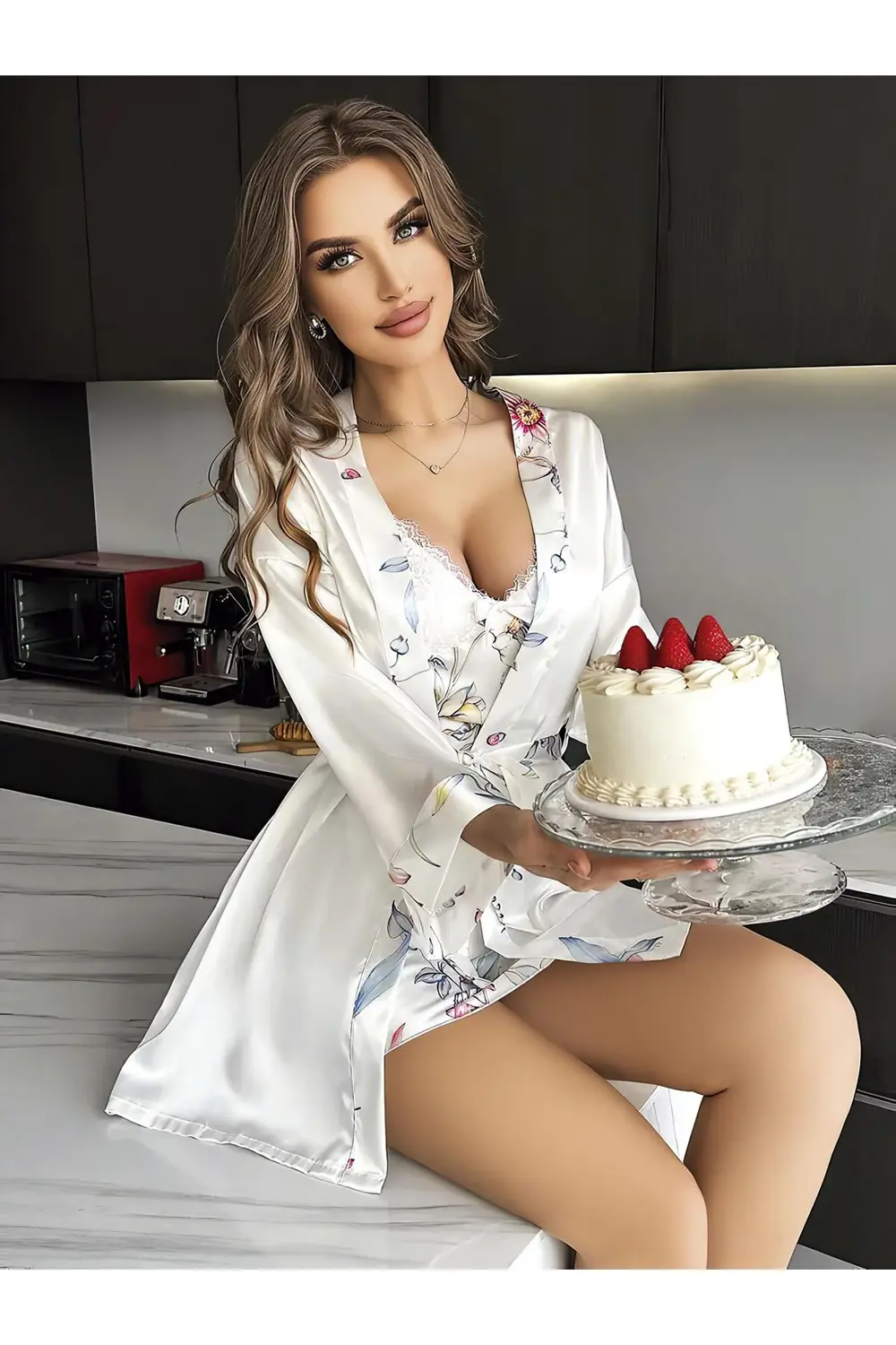 Özel Tasarım Çiçek Desenli Göğüs Dekolteli Sabahlıklı 2'li Beyaz