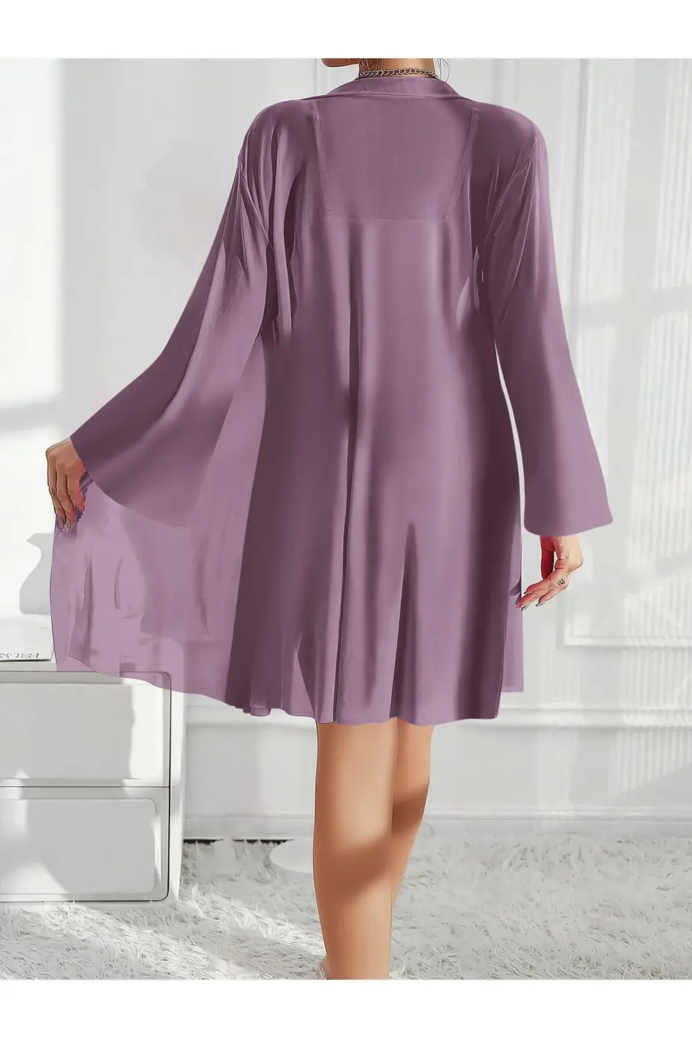 Özel Tasarım Dantel İşlemeli Fırfırlı Sabahlıklı 2'li Mor Gecelik