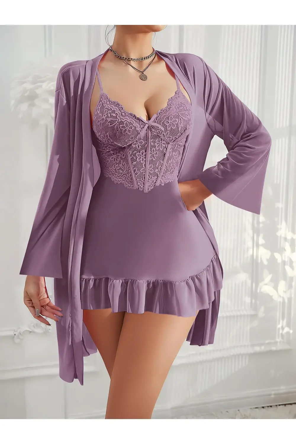 Özel Tasarım Dantel İşlemeli Fırfırlı Sabahlıklı 2'li Mor Gecelik