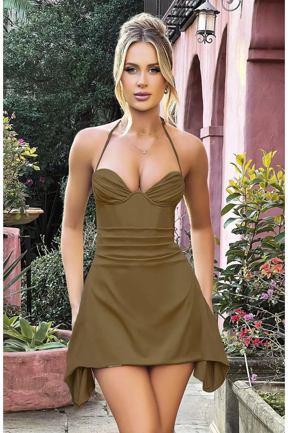 Özel Tasarım İnce Askılı Boyundan Bağlamalı Koyu Yeşil Mini Saten