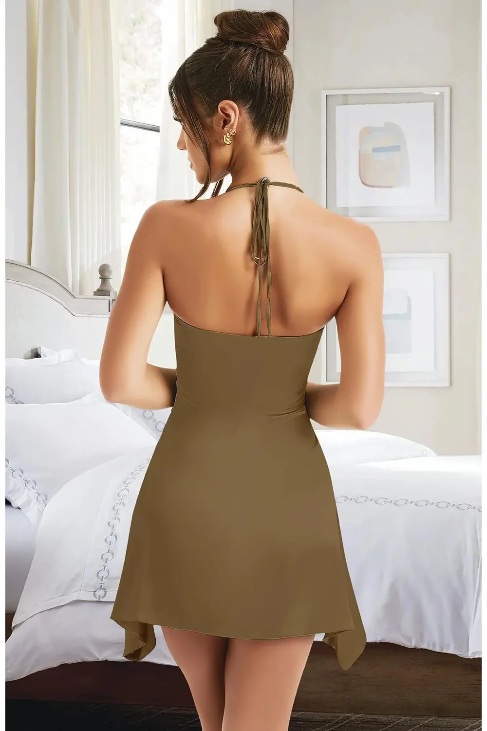 Özel Tasarım İnce Askılı Boyundan Bağlamalı Koyu Yeşil Mini Saten