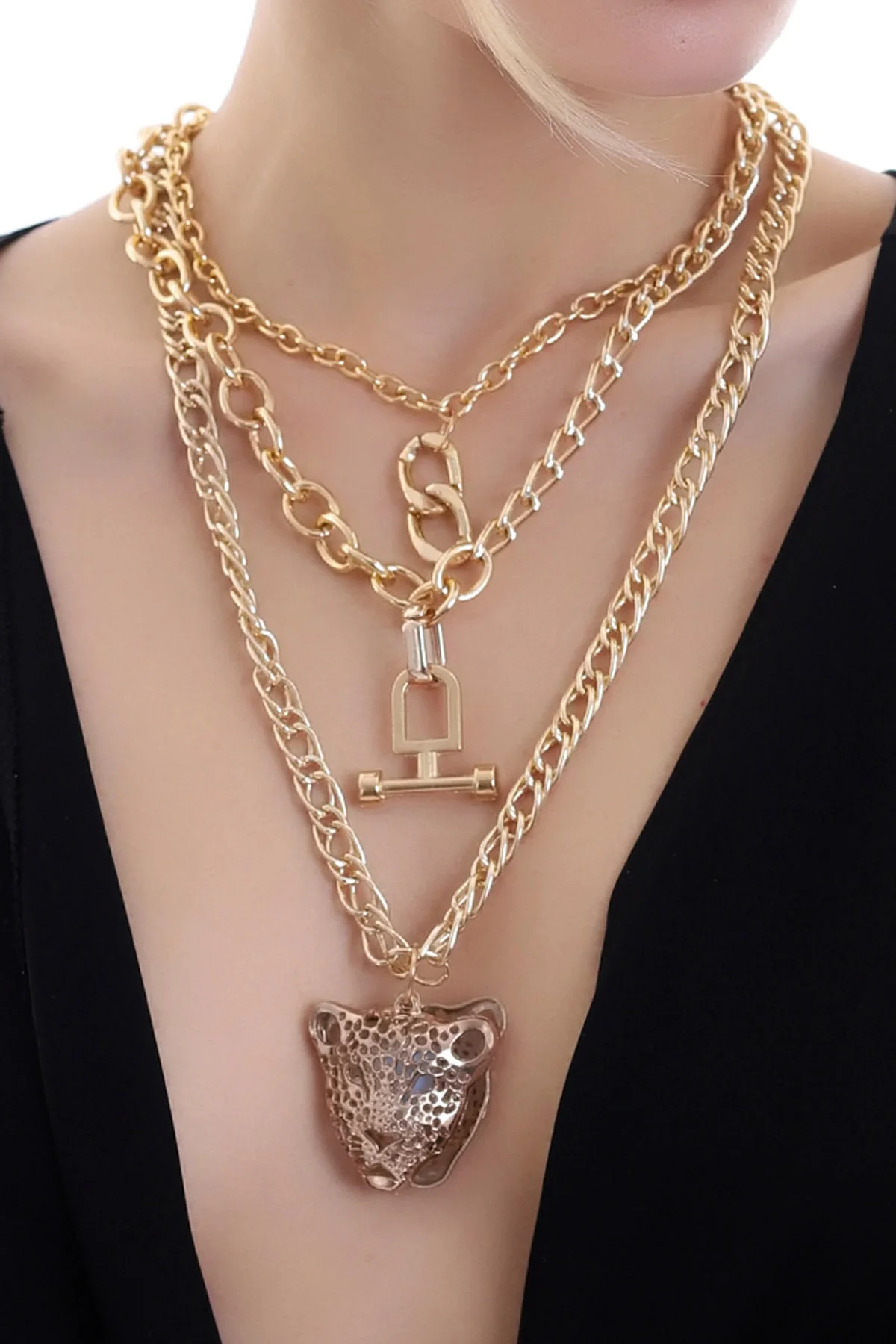 Özel Tasarım Kaplan Figürlü Zarif Ve Seksi Kat Kat Zincir Kolye