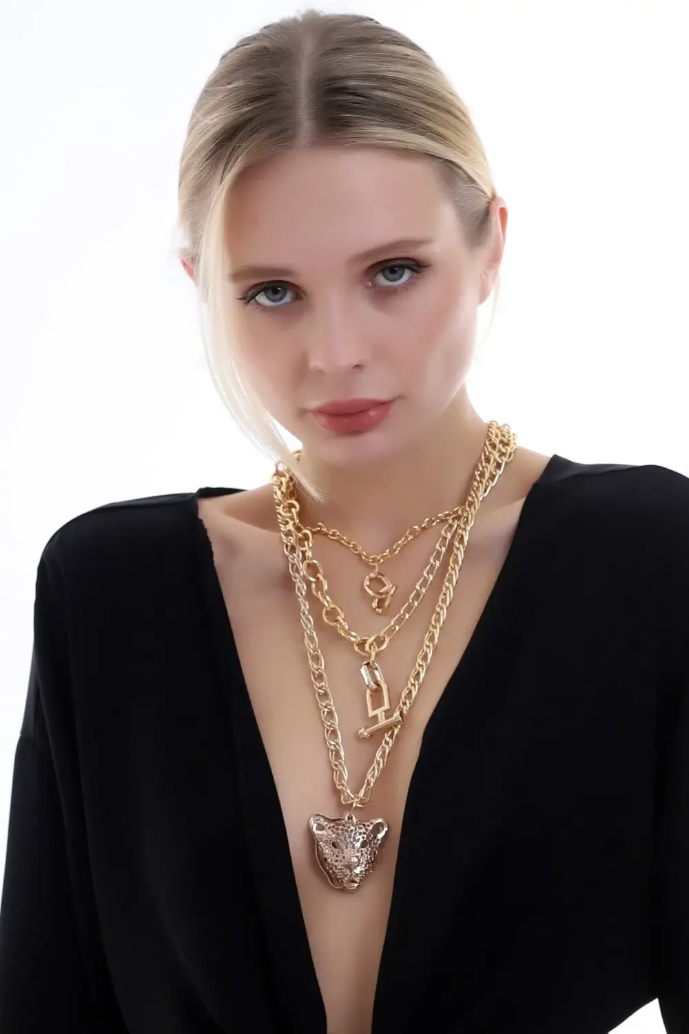 Özel Tasarım Kaplan Figürlü Zarif Ve Seksi Kat Kat Zincir Kolye