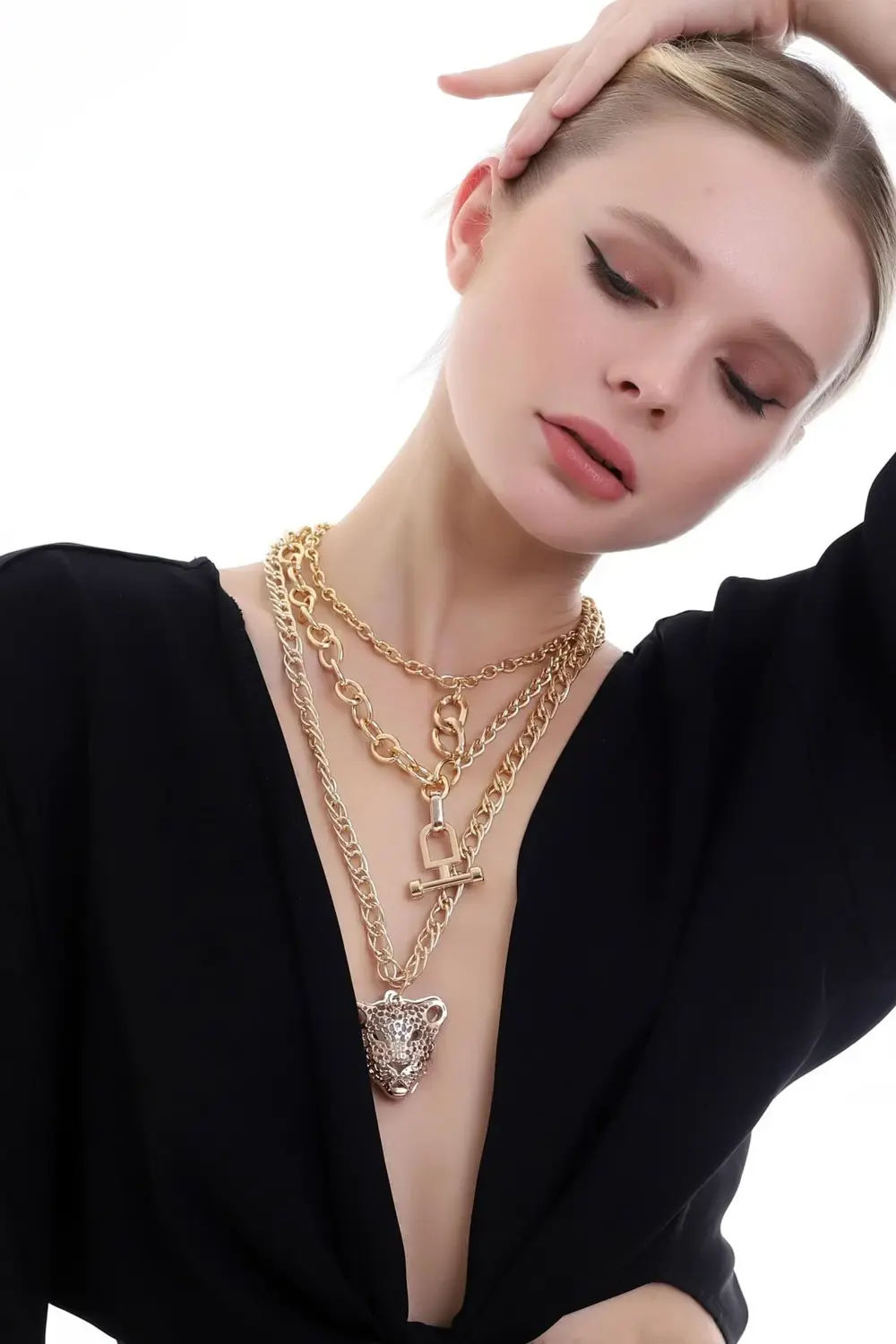Özel Tasarım Kaplan Figürlü Zarif Ve Seksi Kat Kat Zincir Kolye