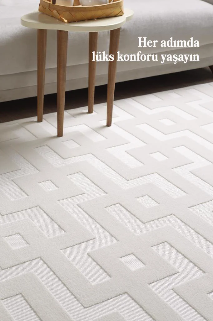 Özel Tasarım Krem Kolay Temizlenebilir, Kaymaz Tabanlı Şık Oturma Odası ve Salon Halısı