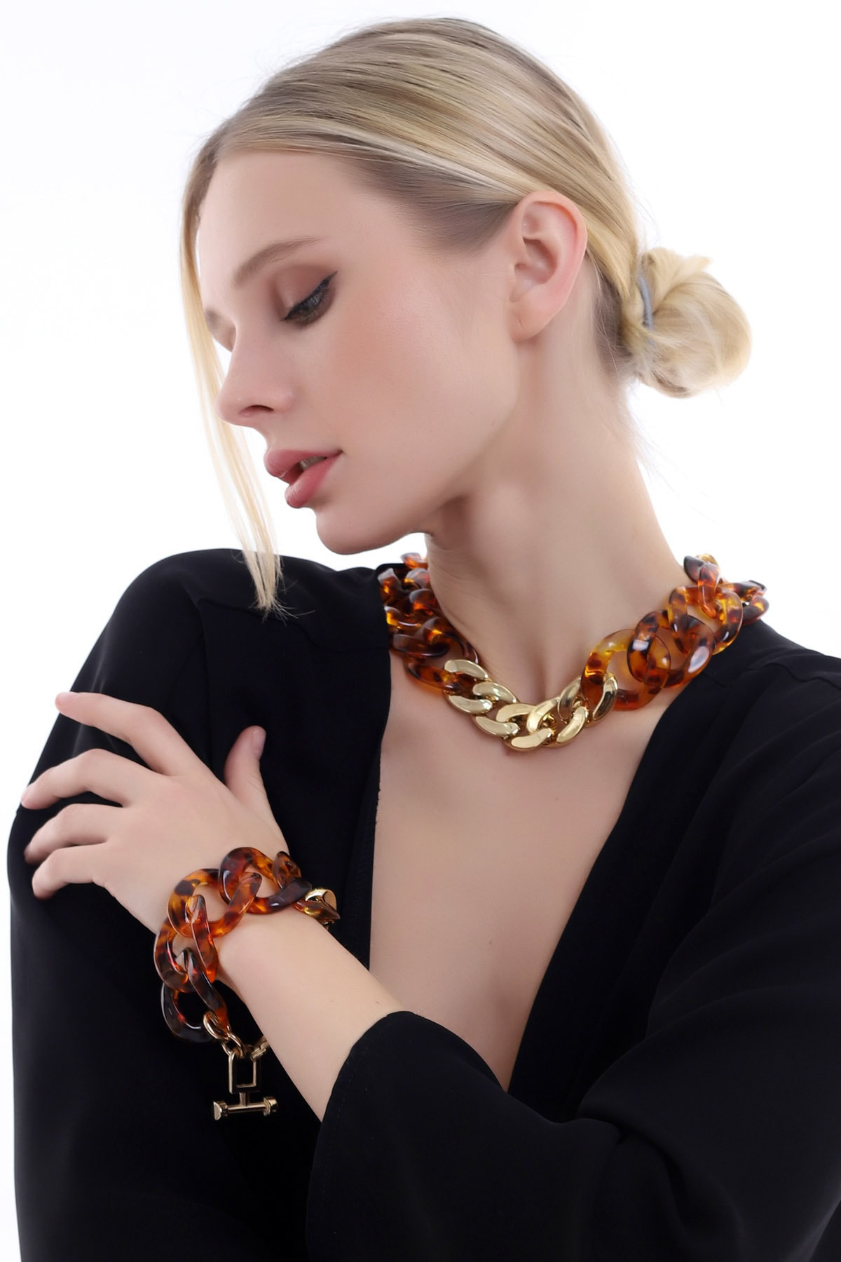 Dreamlike Özel Tasarim Leopar Desenli Gold Detayli Kolye Bileklik Set