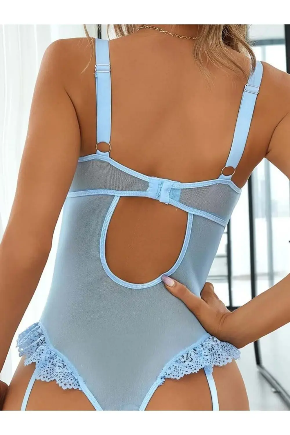 Özel Tasarım Mavi Dantelli Fantezi Jartiyer Takımı