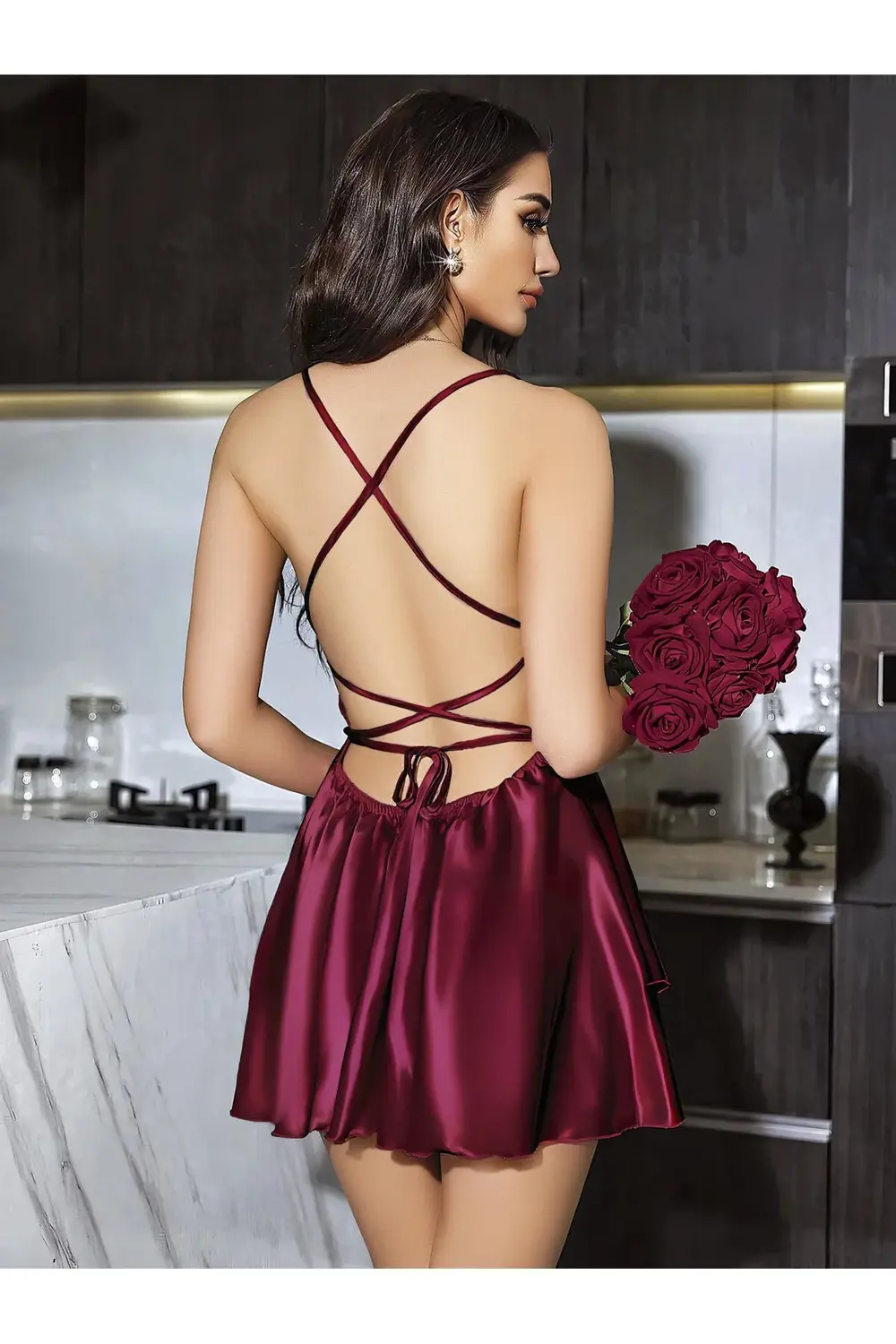 Özel Tasarım Sırt Dekolteli Sabahlıklı Saten Bordo 2'li Gecelik T