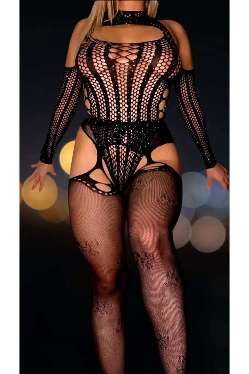 Pilelistore - Özel Tasarım Siyah Taşlı Fantezi Jartiyerli Vücut Çorabı