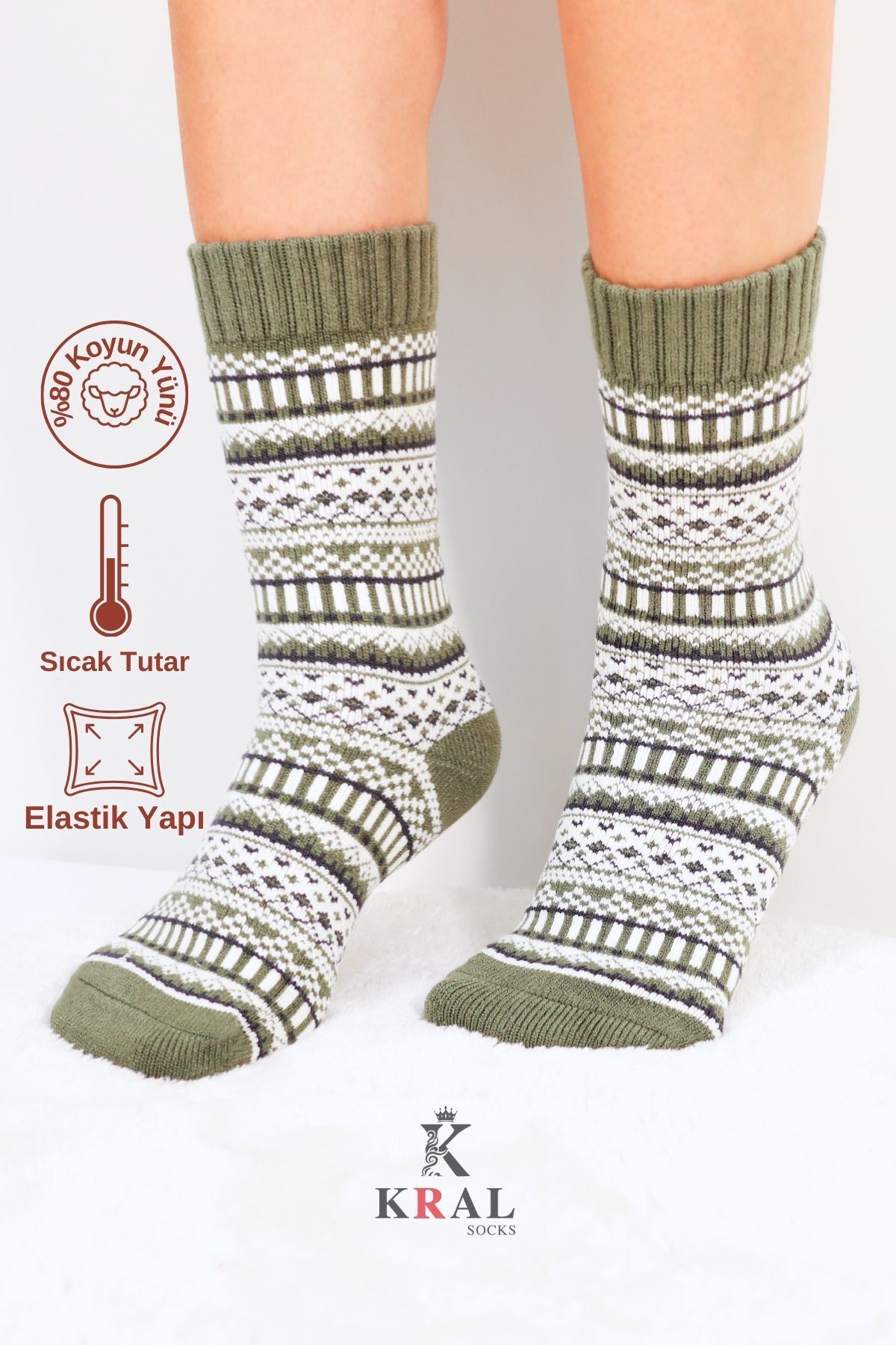 Kral Socks Özel Üretim (2 Çift) Kalın %100 Yün Kışlık Çizgili - Motif Desenl
