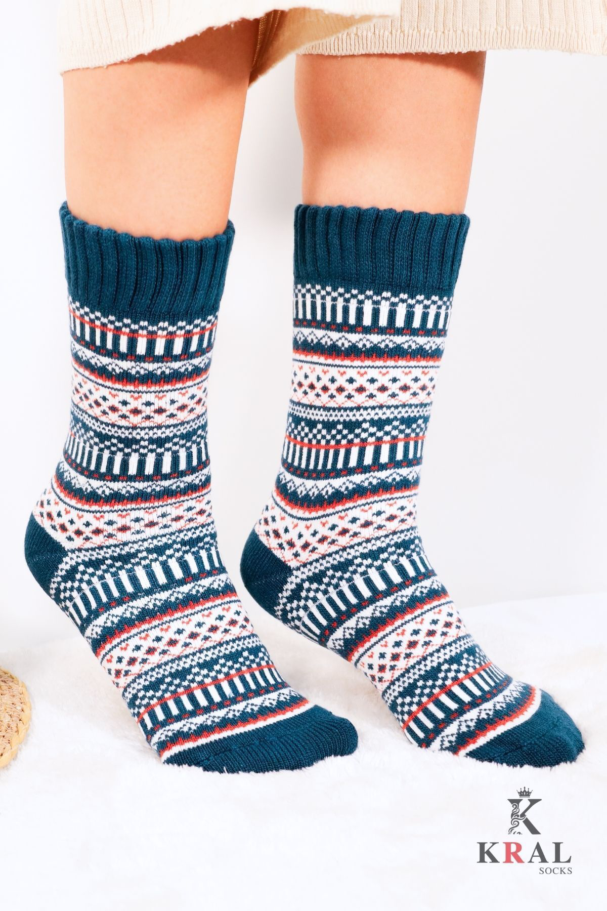 Kral Socks Özel Üretim (2 Çift) Kalın %100 Yün Kışlık Çizgili - Motif Desenl