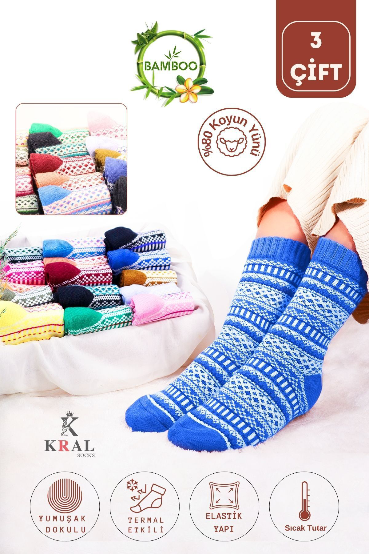 Özel Üretim (3 Çift) Kalın Kışlık %100 Yün Çizgili - Motif Desenl Özel Üretim (3 Çift) Kalın Kışlık %100 Yün Çizgili - Motif Desenl