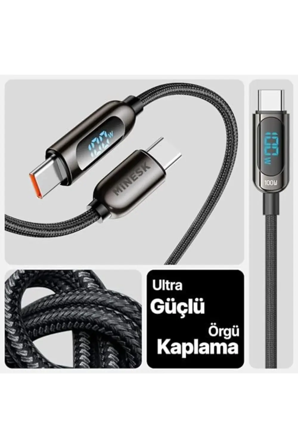 OZN Type c Kablo 100 Watt Güç ve LCD Ekran PD Type-C Hızlı Şarj K