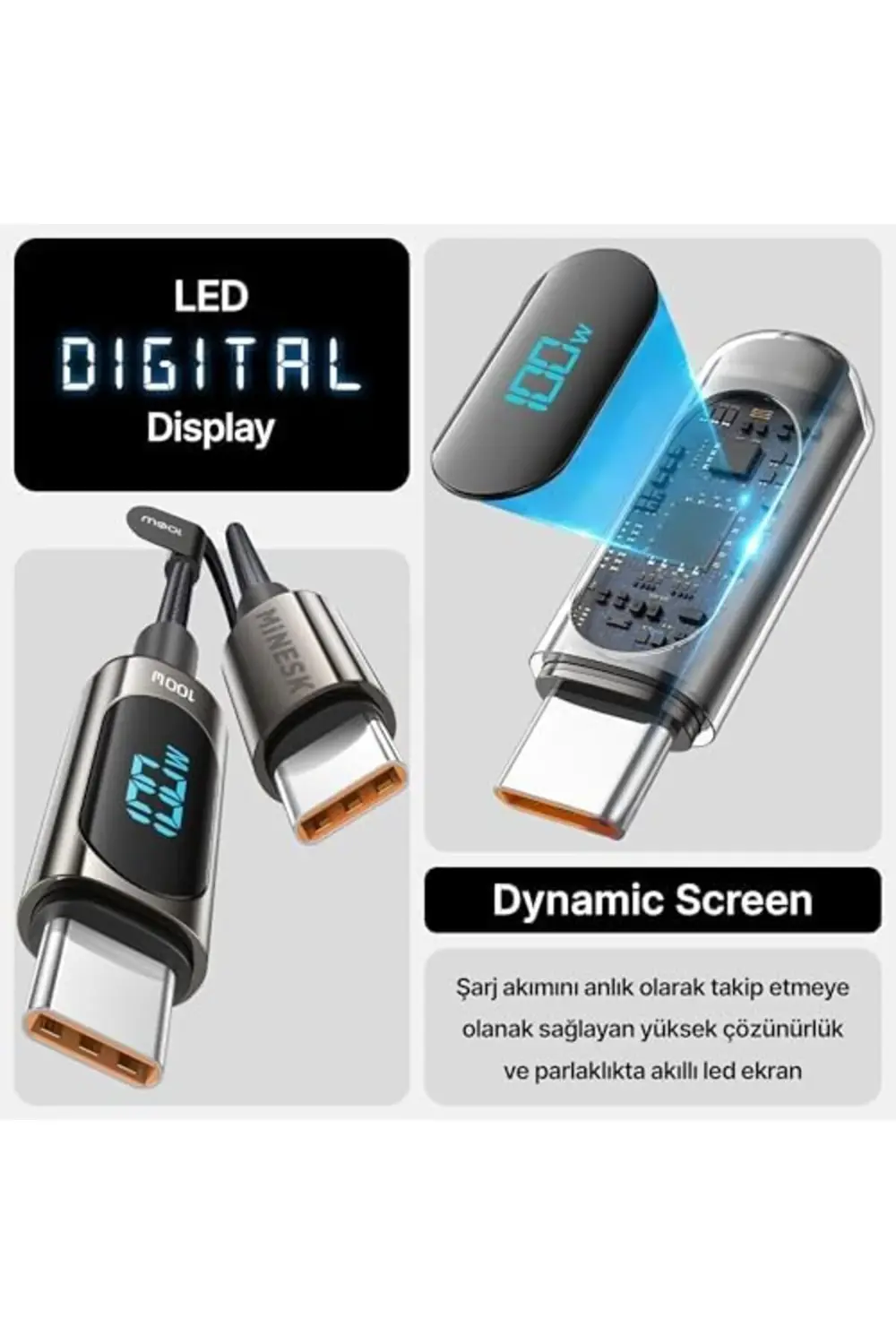 OZN Type c Kablo 100 Watt Güç ve LCD Ekran PD Type-C Hızlı Şarj K