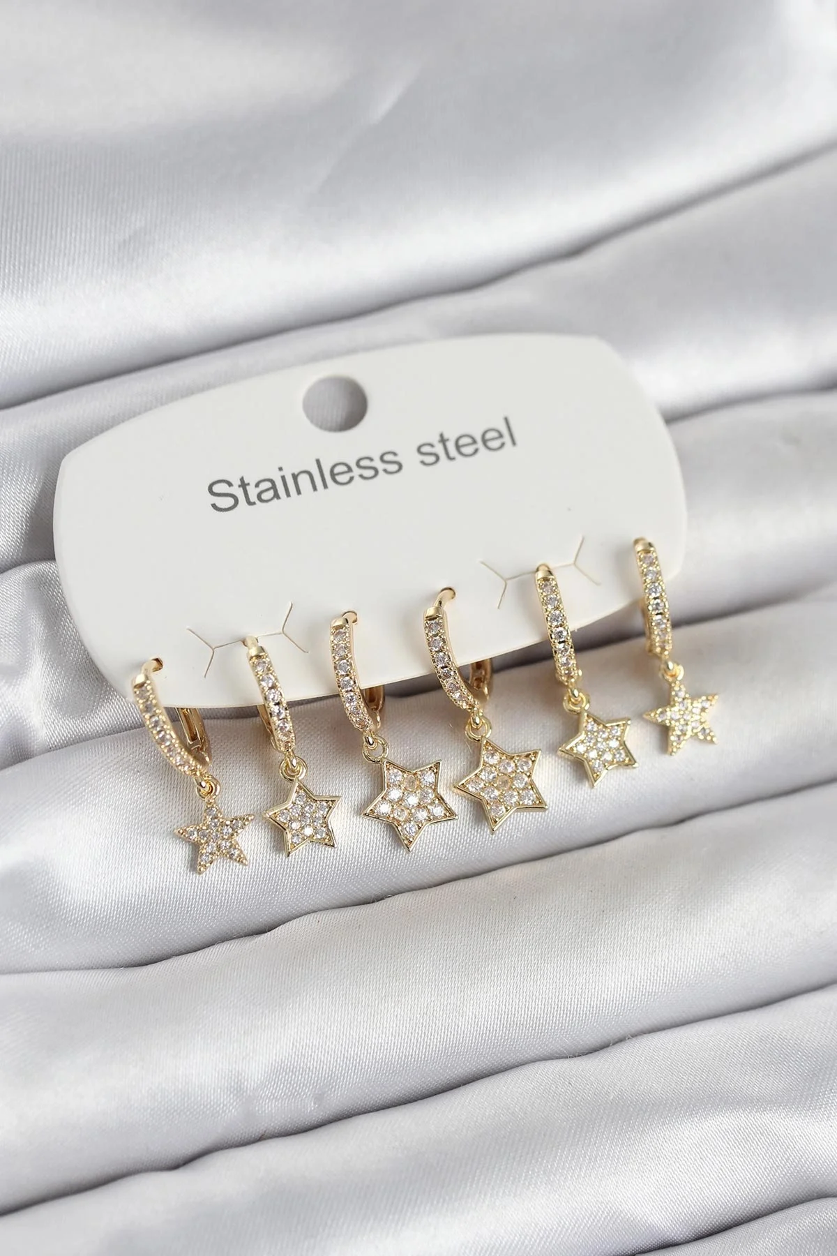 özssa 316L Çelik Gold Renk 6'lı Set Yıldız Model Kadın Küpe