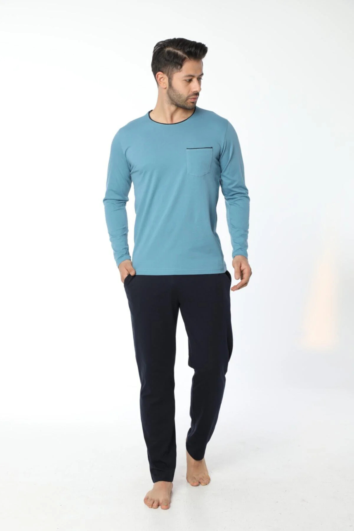 Öztaş 12055 Erkek Bisiklet Yaka Uzunkol Pijama Takımı Mavi